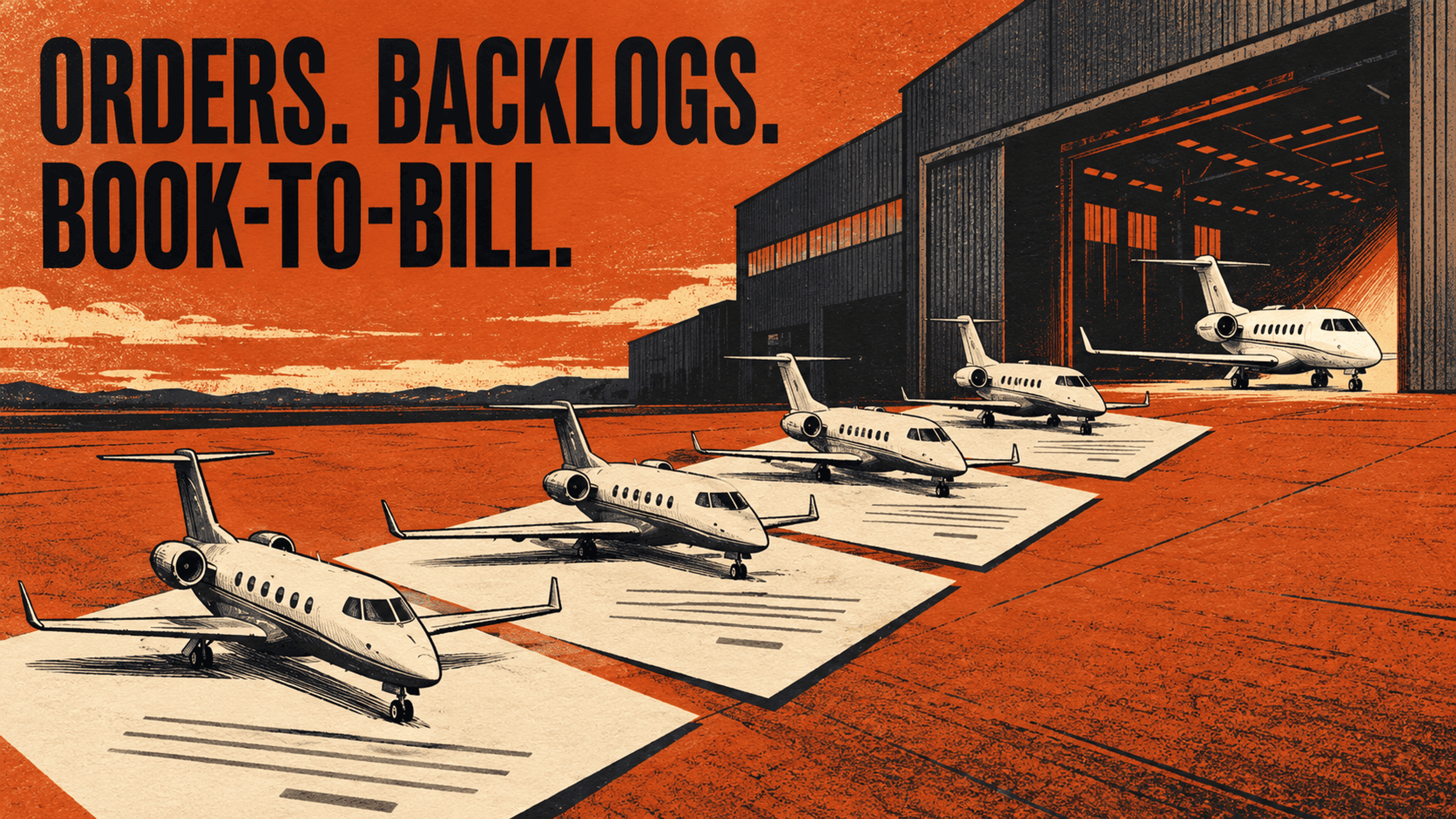 Screenprinted business jets on contract sheets approach an aircraft factory, illustrating the path from commitments to deliveries.