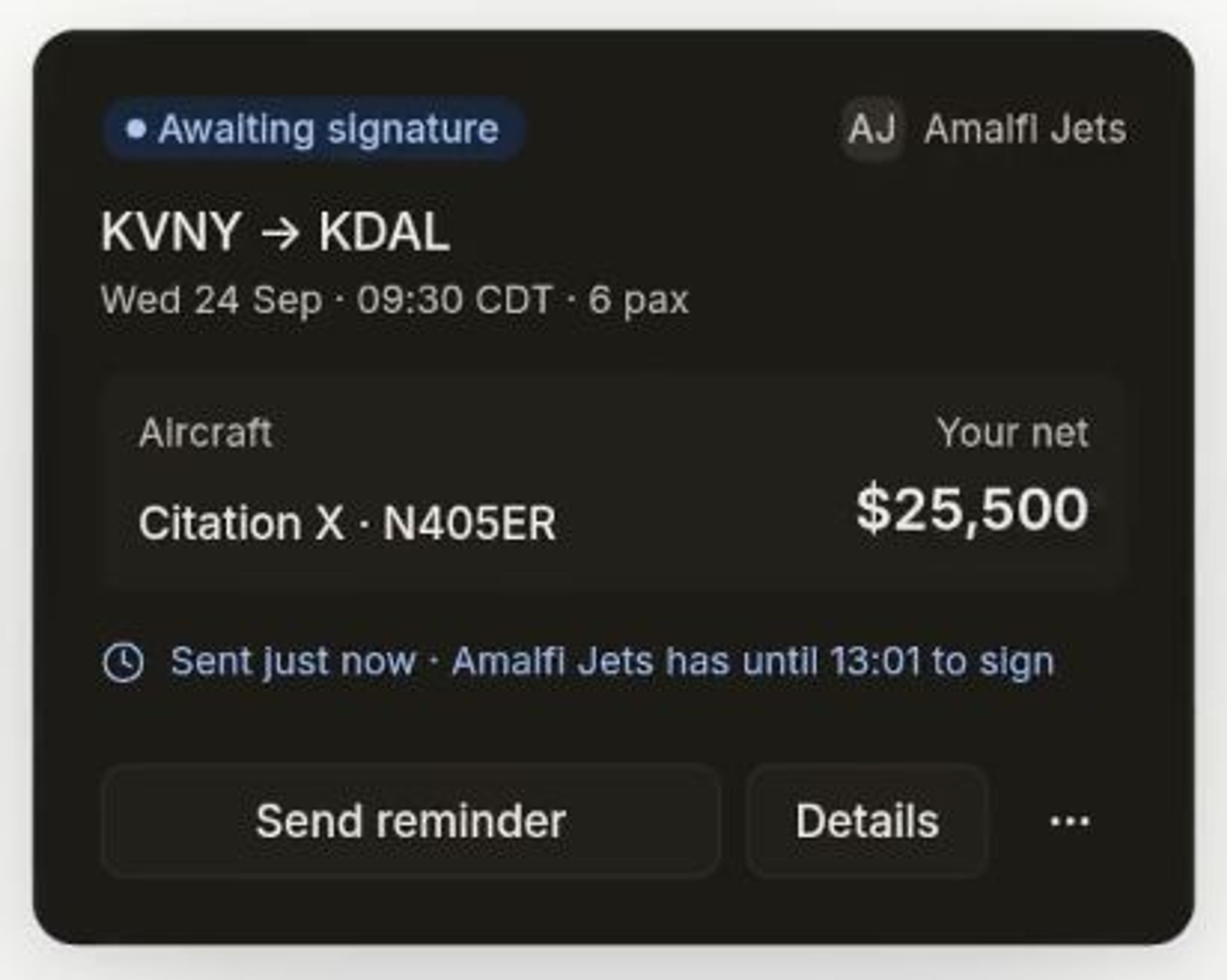 LastLook Awaiting signature card showing the contract sent to Amalfi Jets, a signing deadline and a Send reminder button.