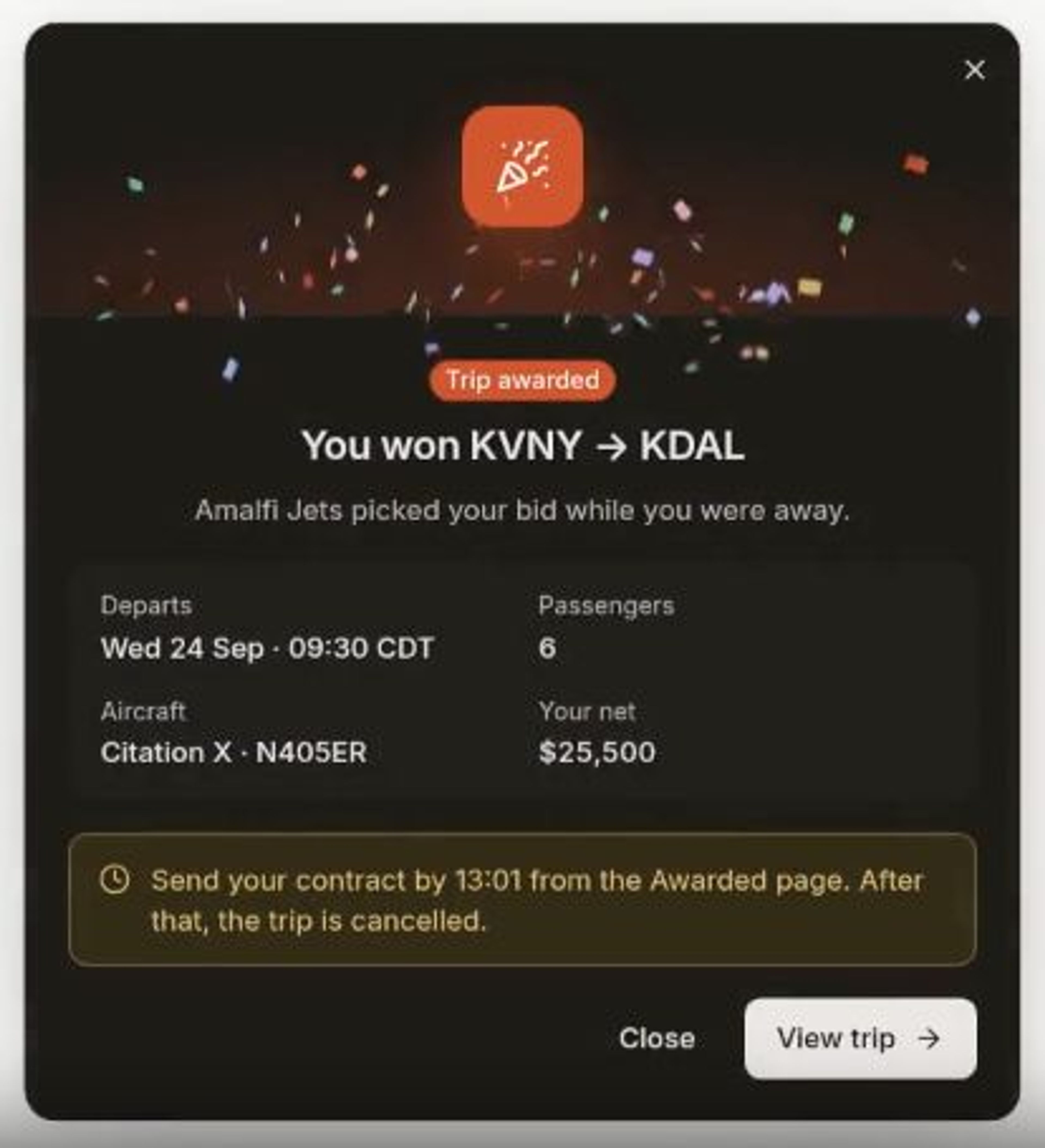 LastLook trip-award notification identifying Amalfi Jets as the selecting broker, confirming the aircraft and NET amount, and directing the operator to send its contract by a deadline.