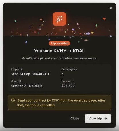 LastLook trip-award notification identifying Amalfi Jets as the selecting broker, confirming the aircraft and NET amount, and directing the operator to send its contract by a deadline.