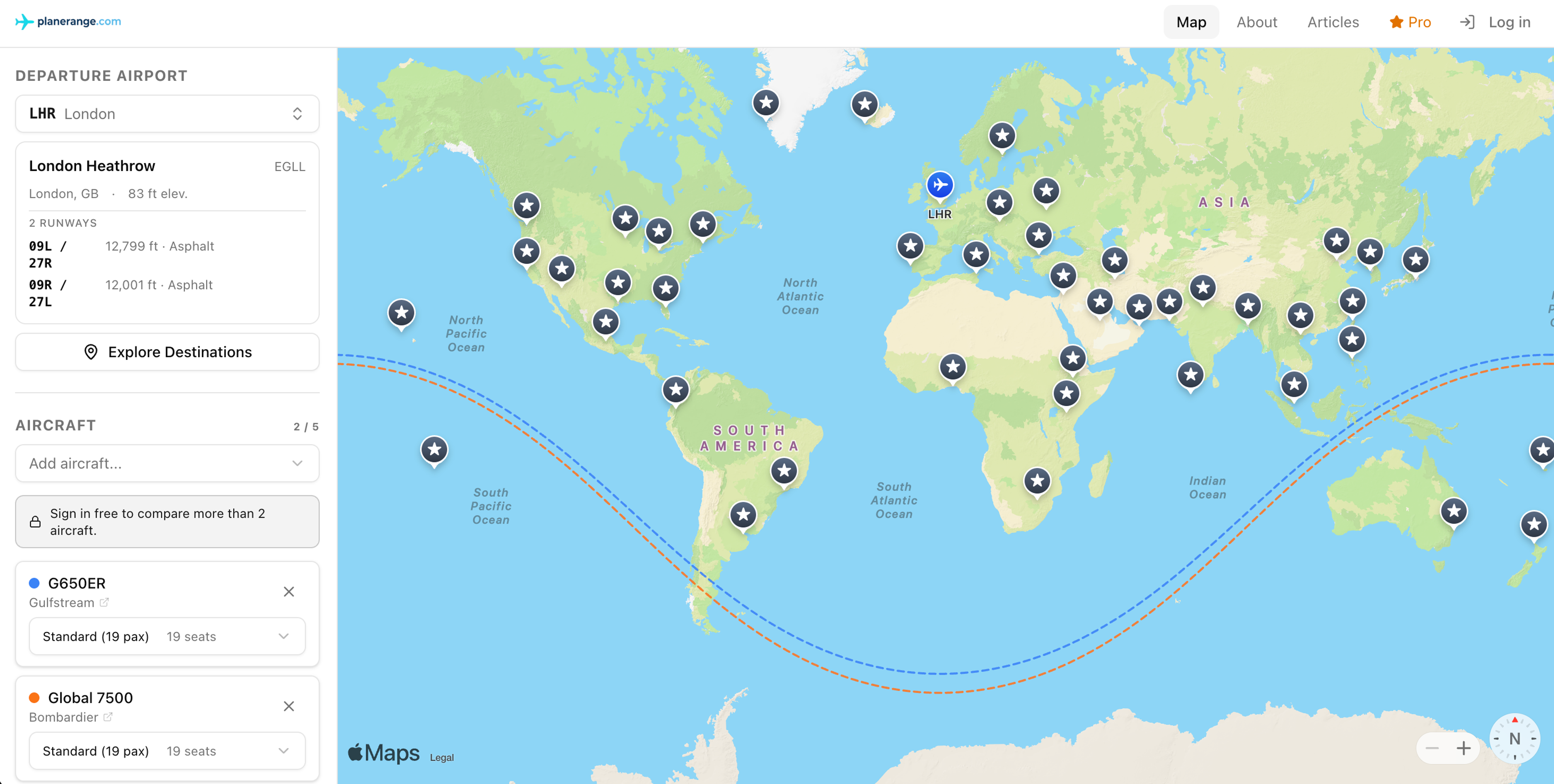 map range comparison for global 7500 vs G650ER