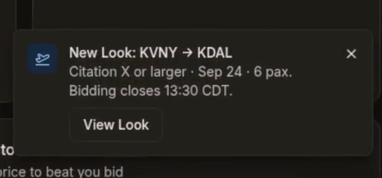 LastLook new-trip notification showing KVNY to KDAL, the aircraft requirement, six passengers, a bidding deadline and a View Look action.