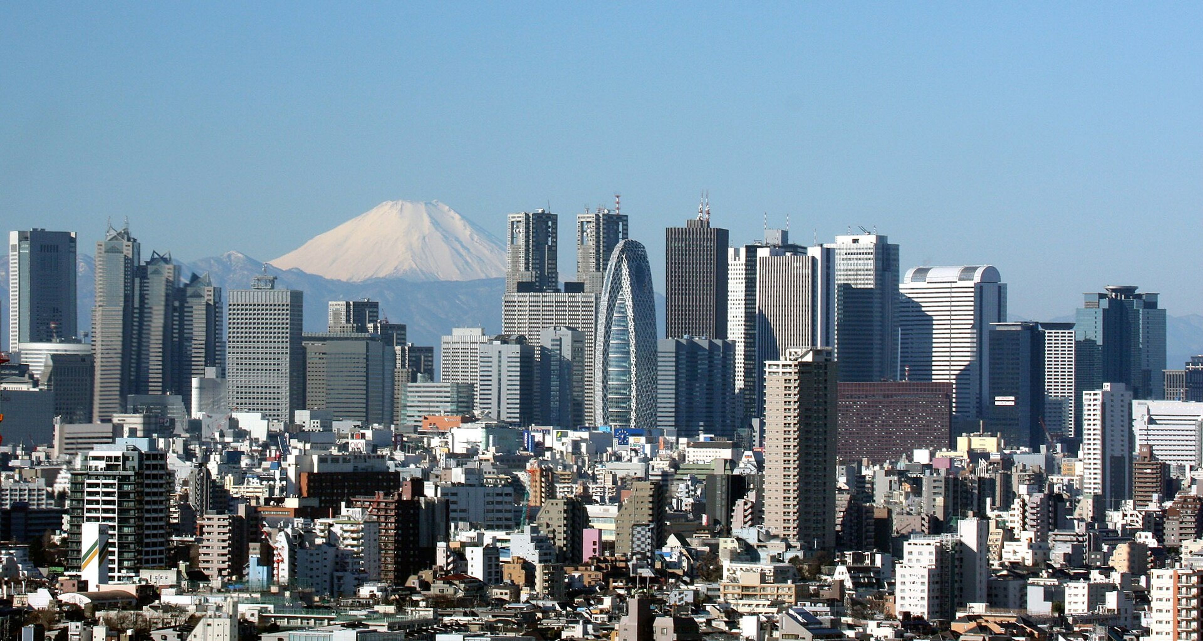 Tokyo's skyline with Mount Fuji in the distance.