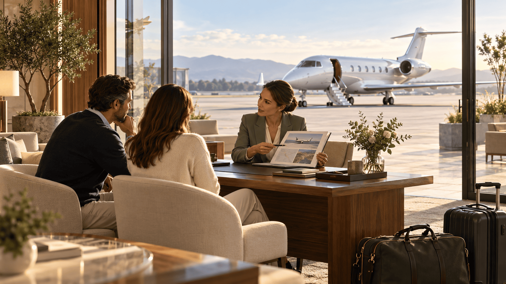 Travellers discuss a flight brief in a private terminal lounge, with luggage beside them and a business jet beyond the glass doors.