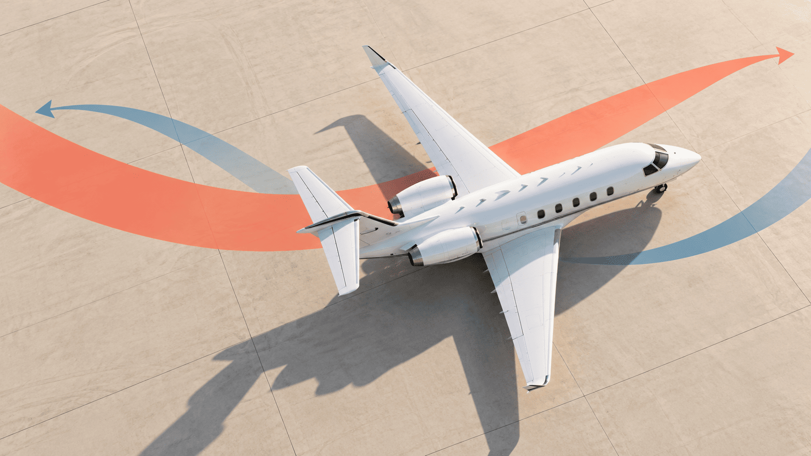 Overhead illustration of a white business jet with coral and blue arrows suggesting outbound and return movements.