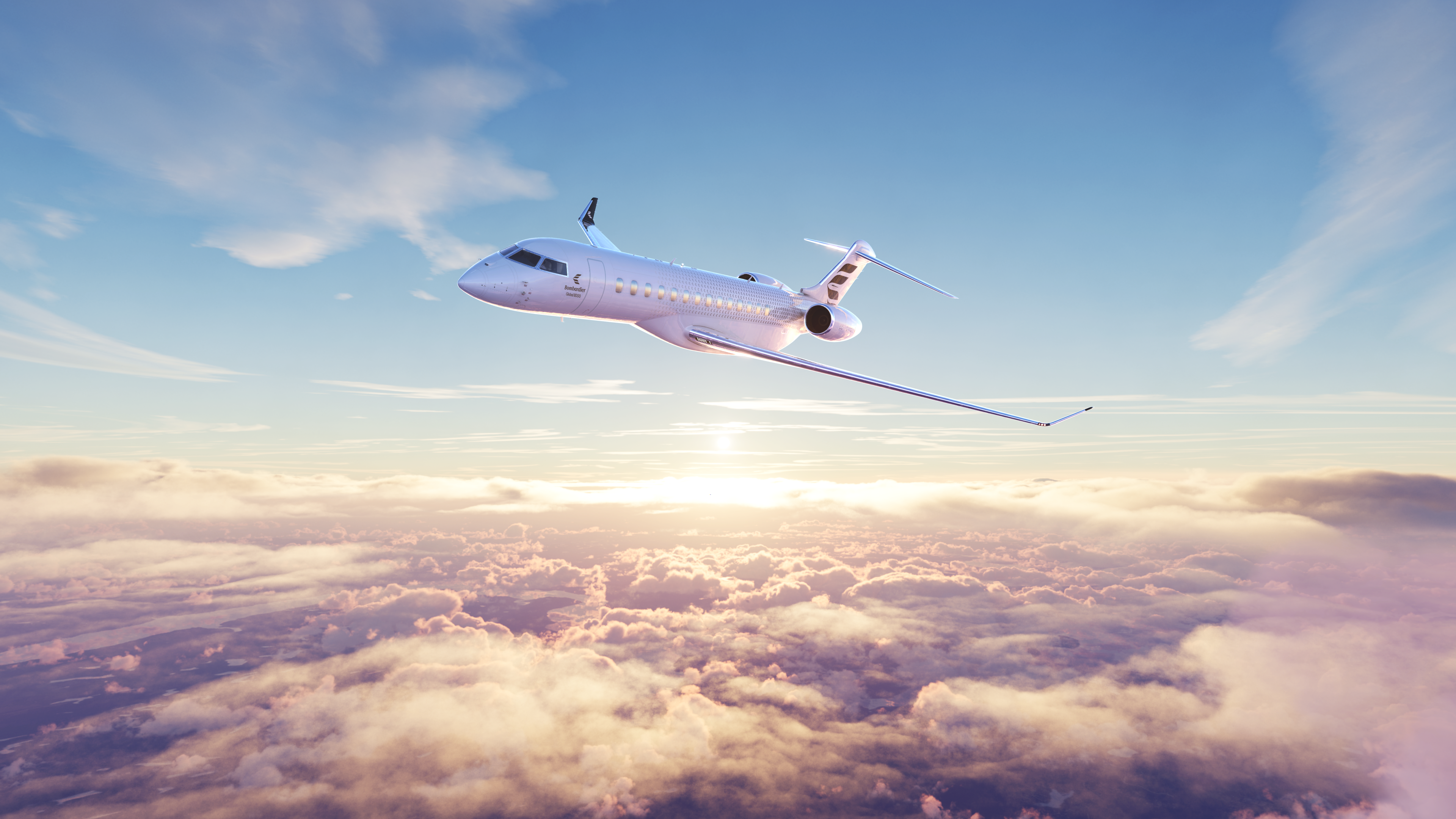 Bombardier Global 8000 above clouds in manufacturer imagery