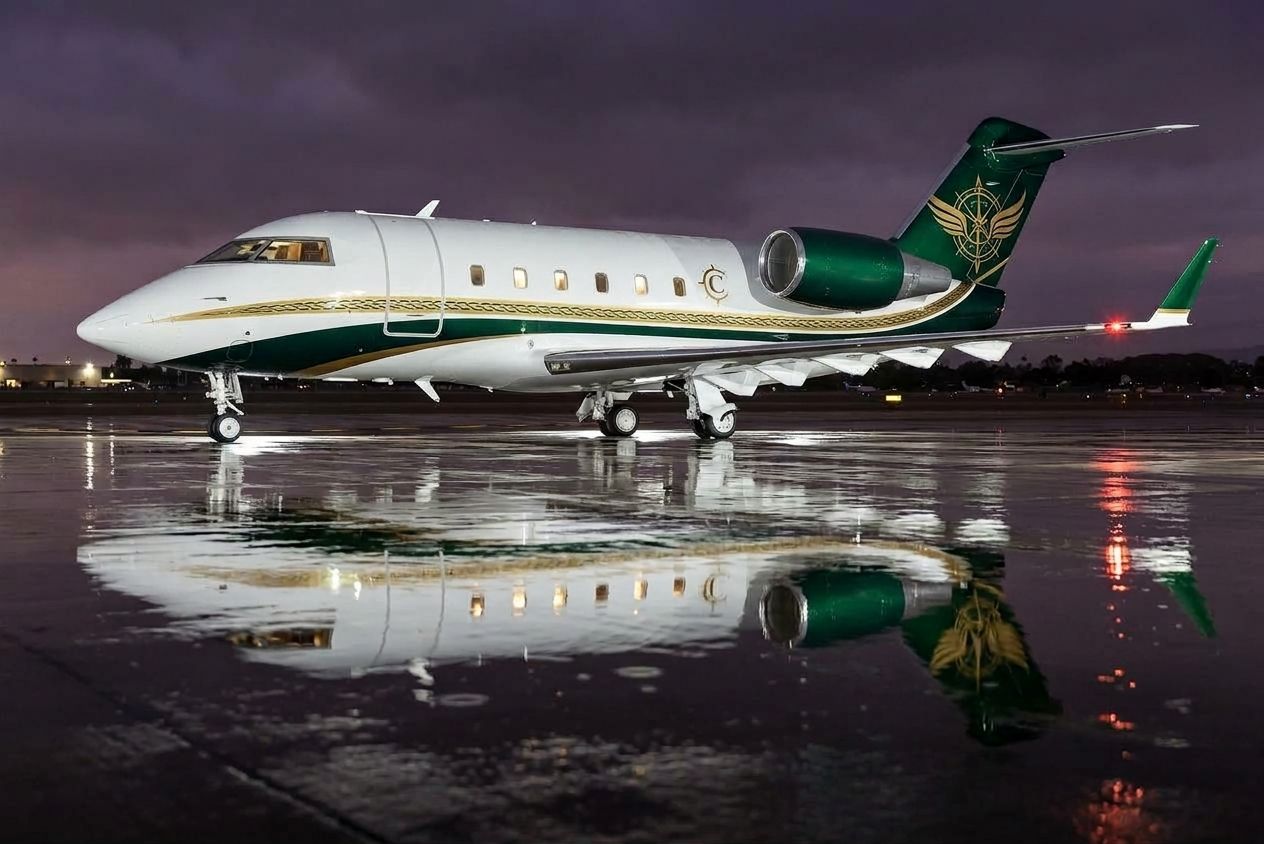 Illustration of a private jet beside an FBO terminal on a wet airport apron
