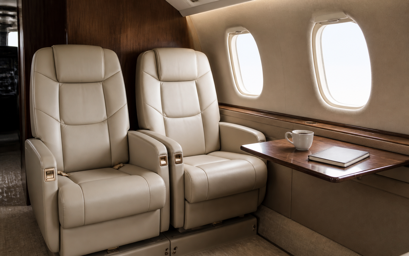 Illustration of cream leather seats and a work table inside a private jet cabin