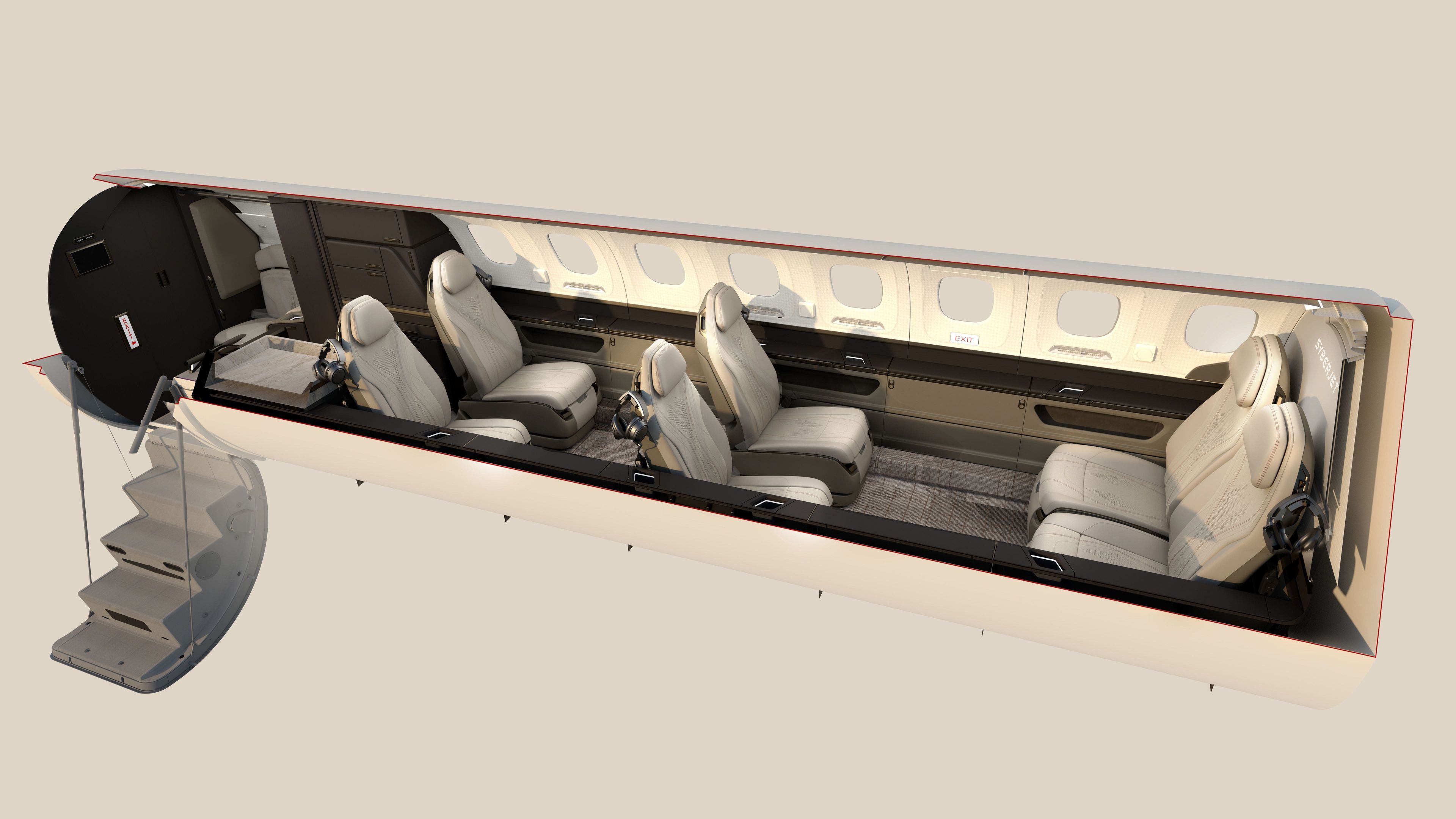 Rendering of the proposed SJ36 cabin with light-colored leather seats and tables.