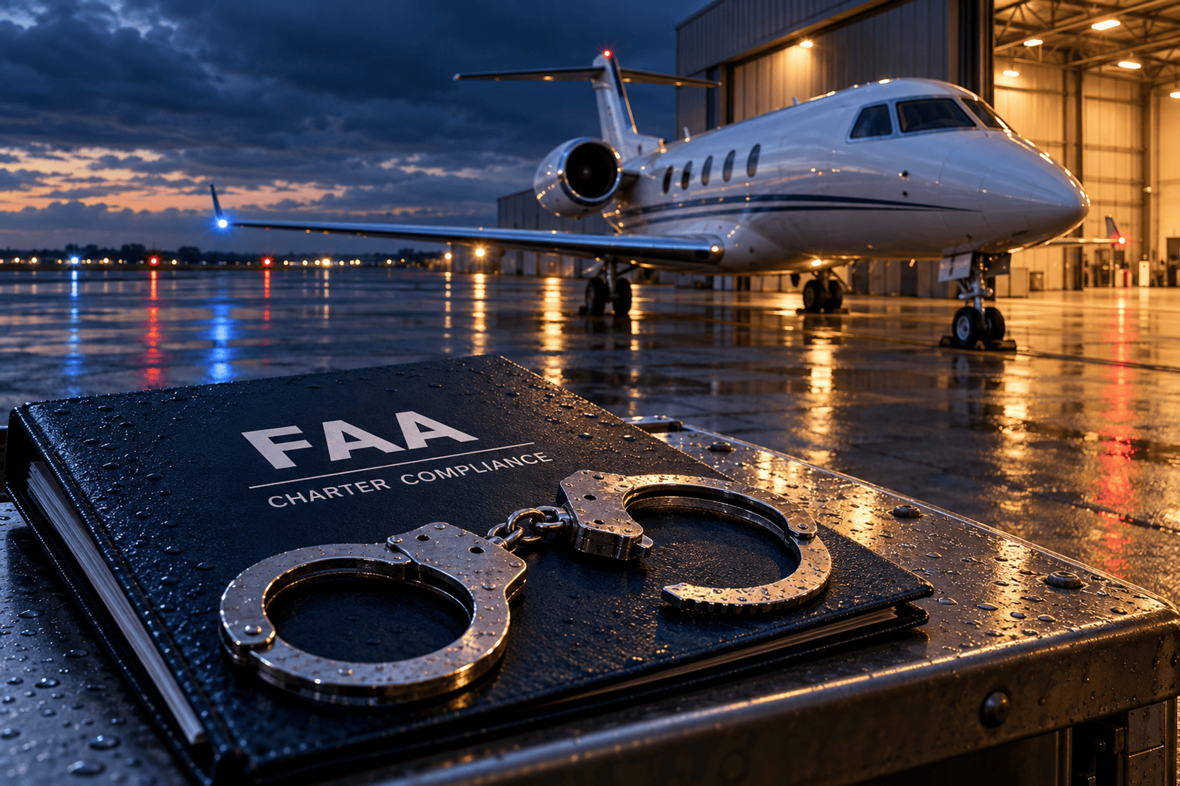 Handcuffs on an FAA charter compliance folder, with a private jet outside a hangar at dusk. Conceptual illustration.