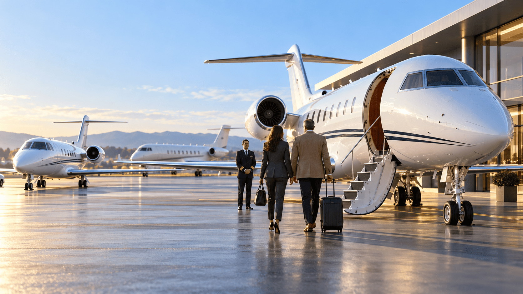Two business travelers approach a white private jet while a pilot waits nearby, with two other business jets parked beside a private aviation terminal.