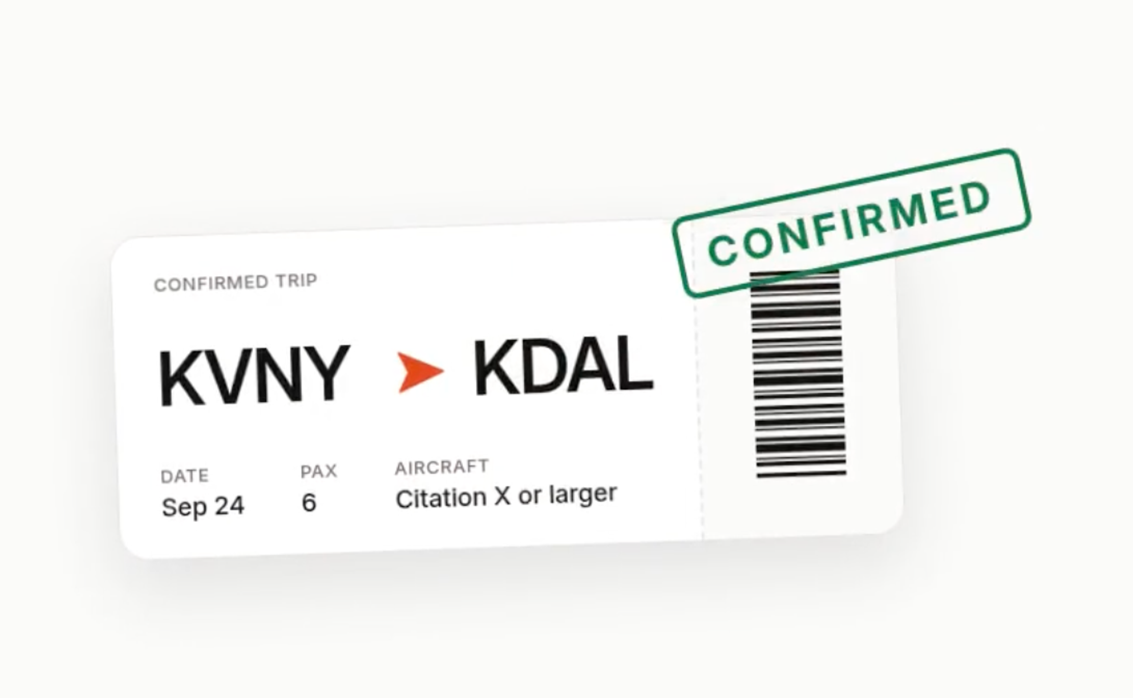 LastLook confirmed-trip card for KVNY to KDAL, showing six passengers and a Citation X or larger requirement.