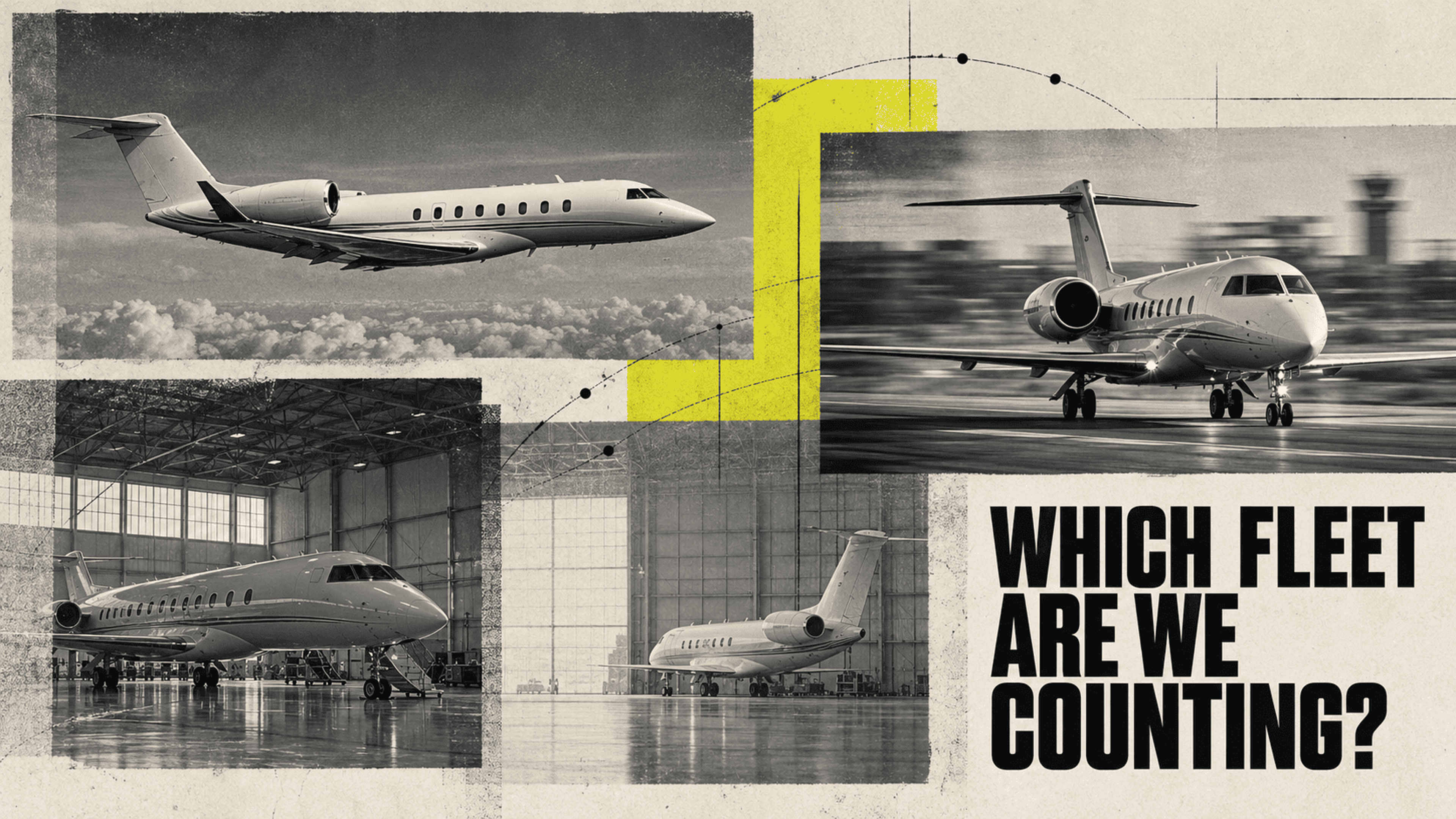 Editorial collage of business jets in flight, taxiing and parked in hangars, asking which fleet is being counted.