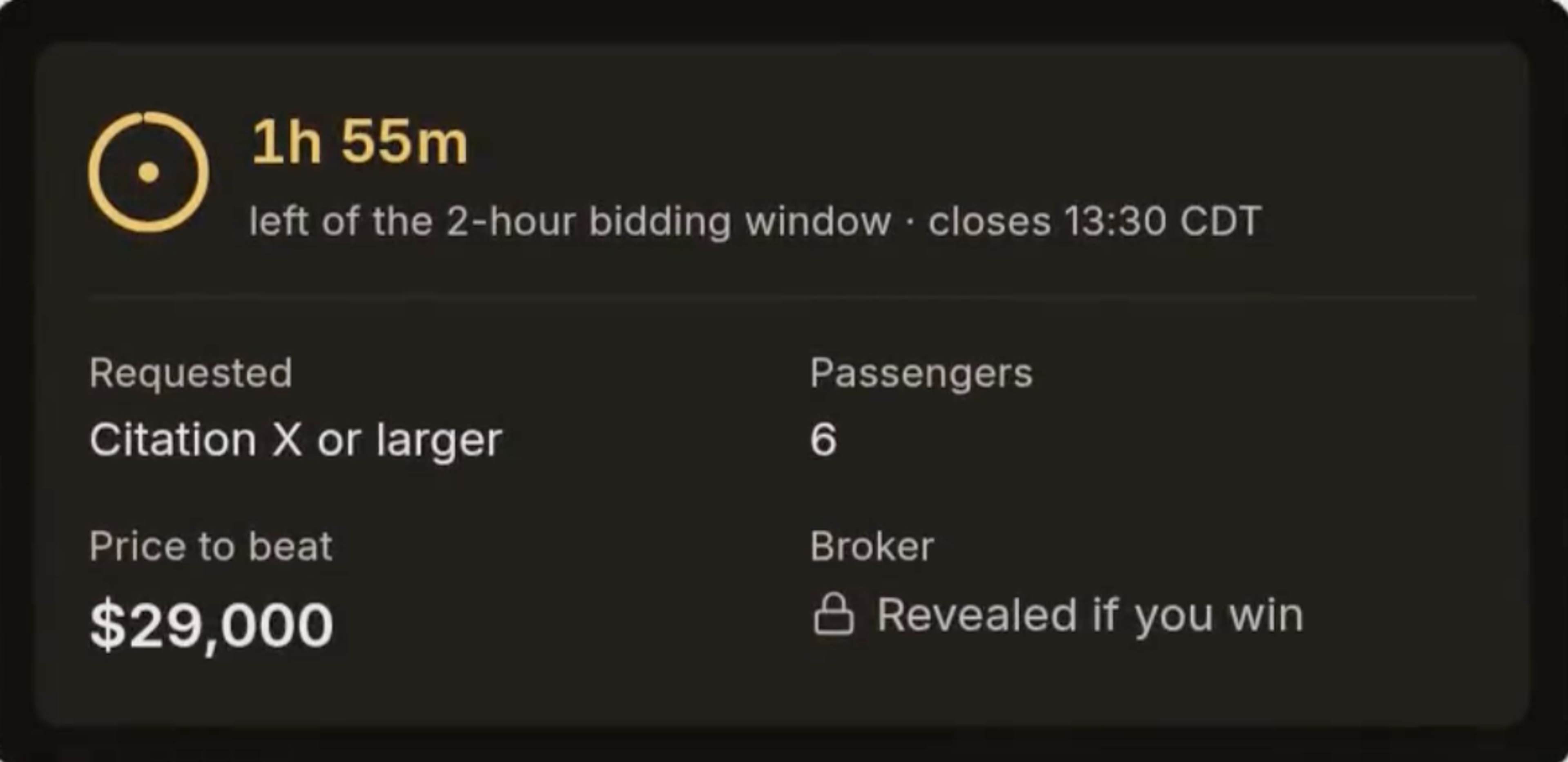 LastLook benchmark panel showing a $29,000 price to beat, six passengers, a Citation X or larger requirement, a two-hour bid window and a broker identity revealed only after winning.