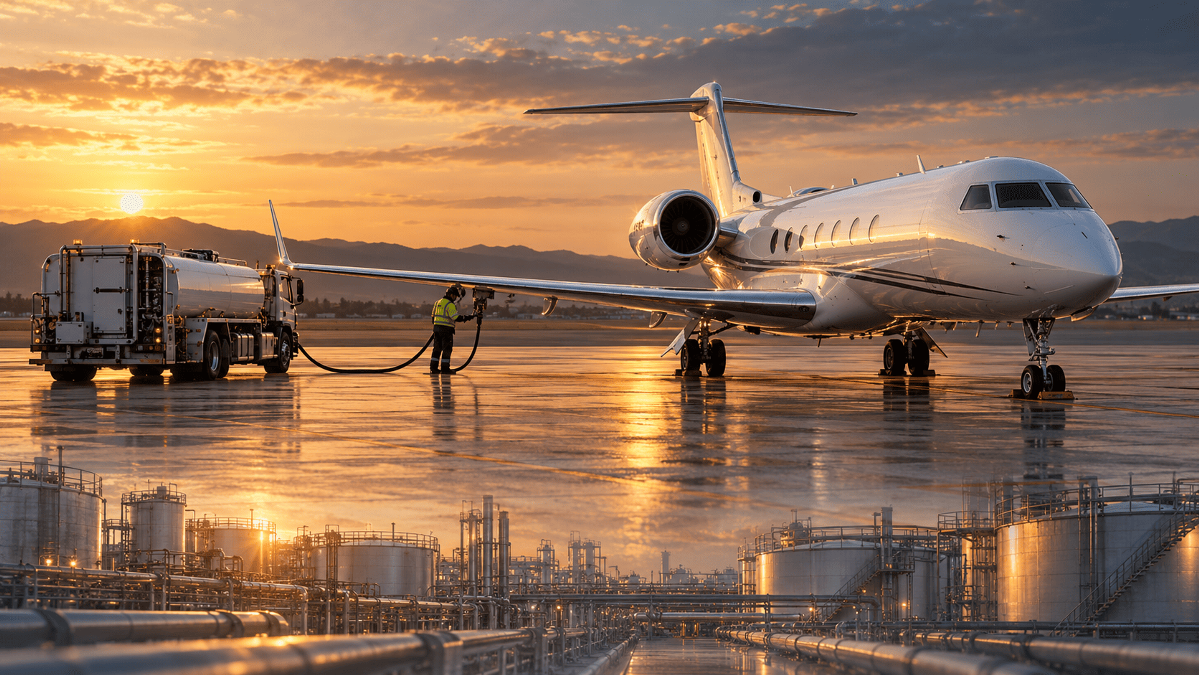 A private jet being refuelled at sunset above a conceptual blend of industrial fuel tanks and pipework.