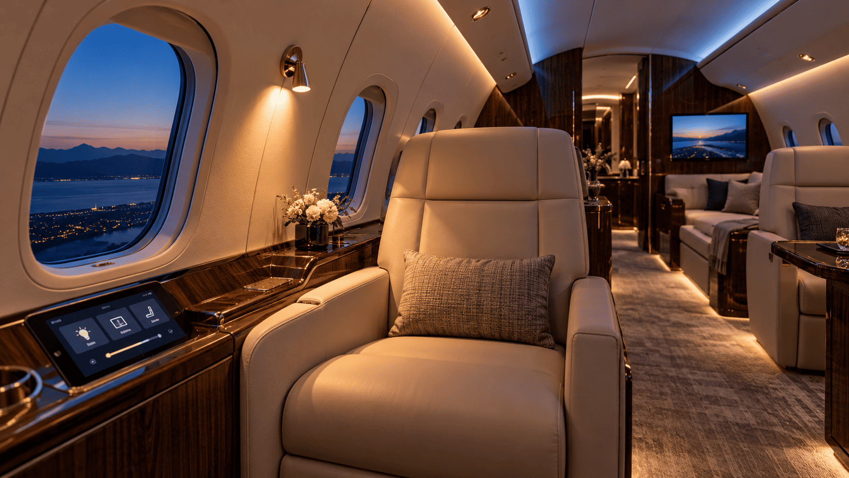 Cream leather seating, warm reading lights and a side-console touchscreen in a private jet cabin at dusk.