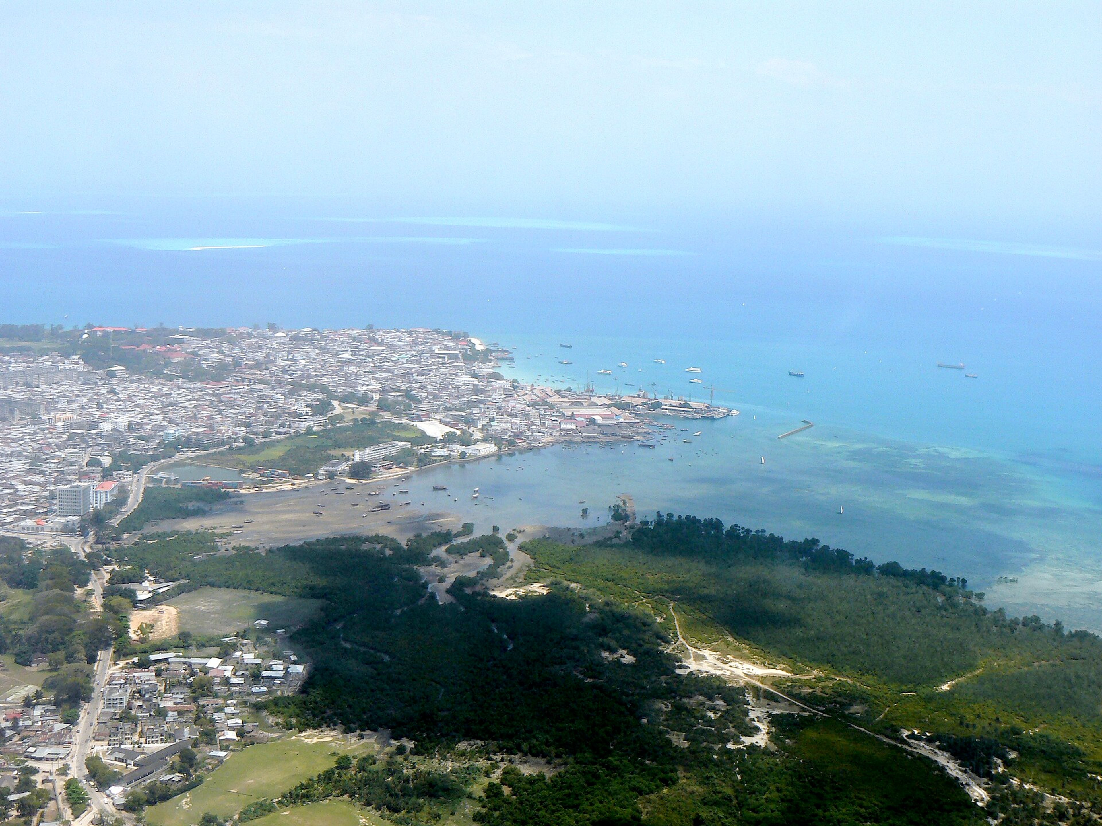 Stone Town and the coast of Zanzibar.