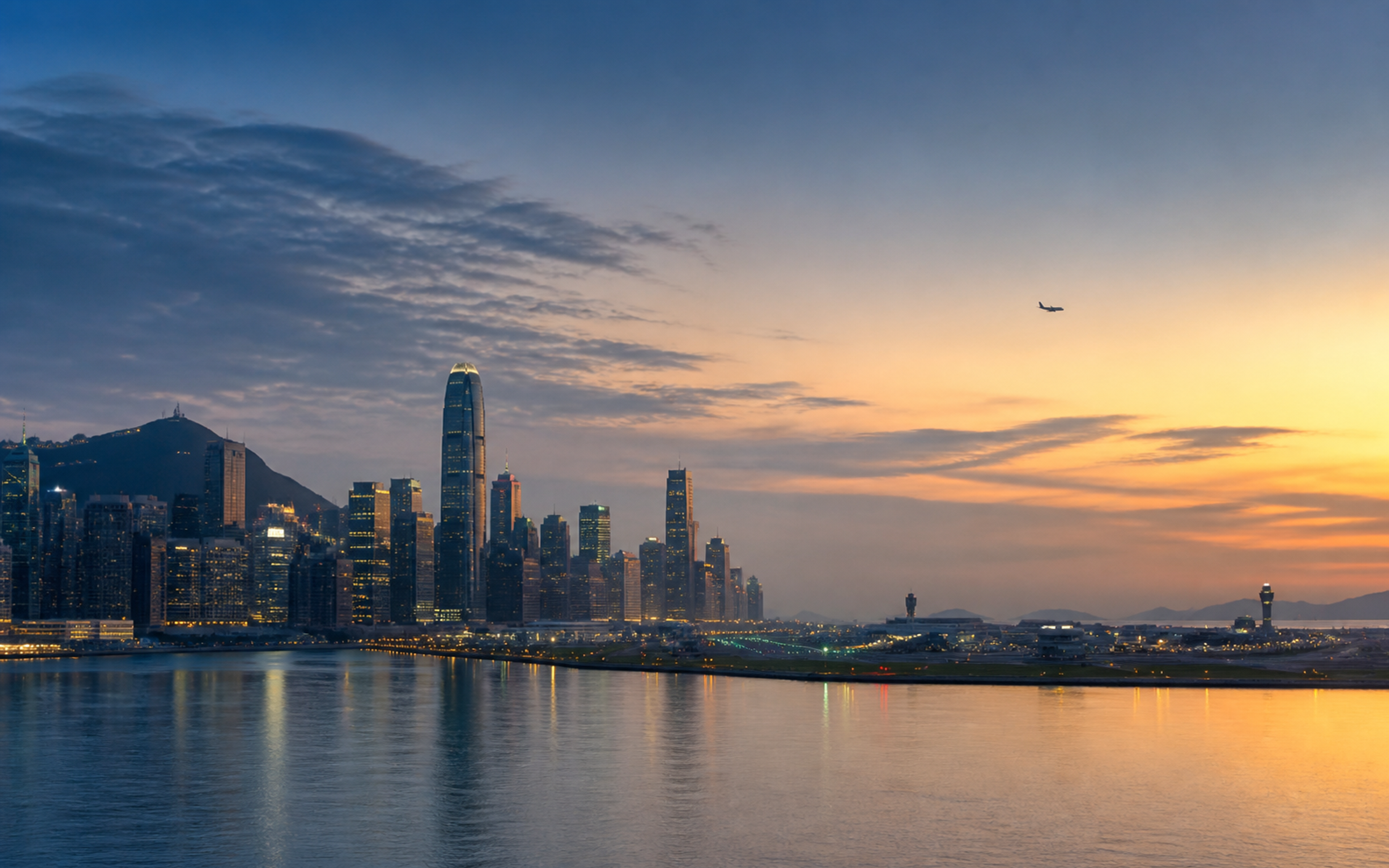 Illustration of a waterfront city skyline and airport at dusk