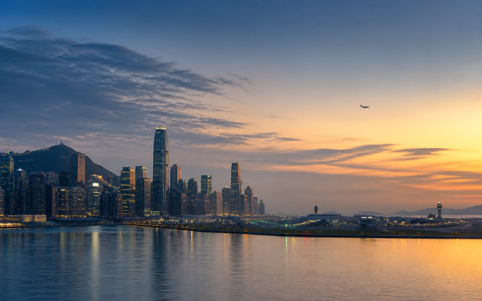 Illustration of a waterfront city skyline and airport at dusk