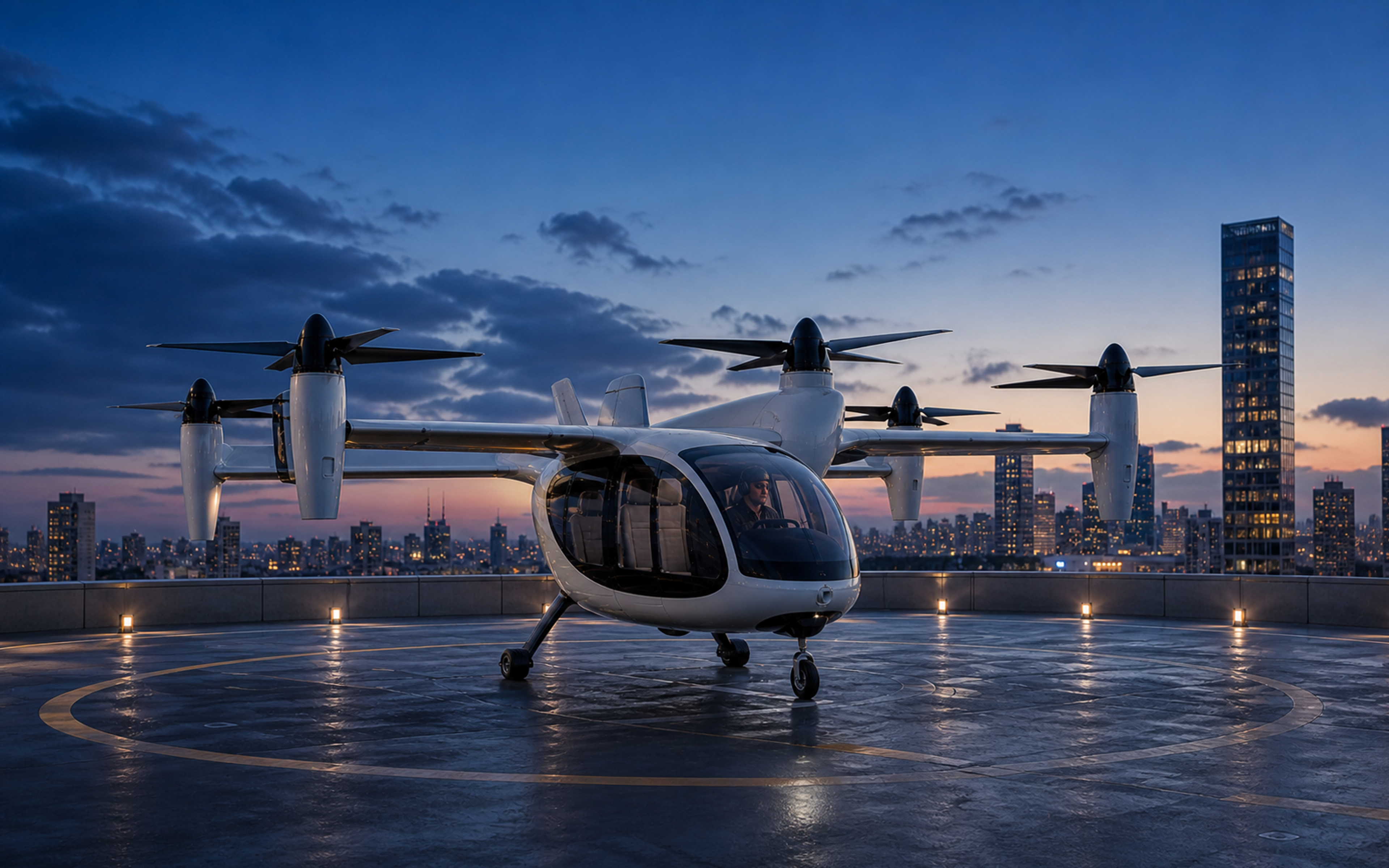 A piloted eVTOL aircraft on an urban vertiport at dusk