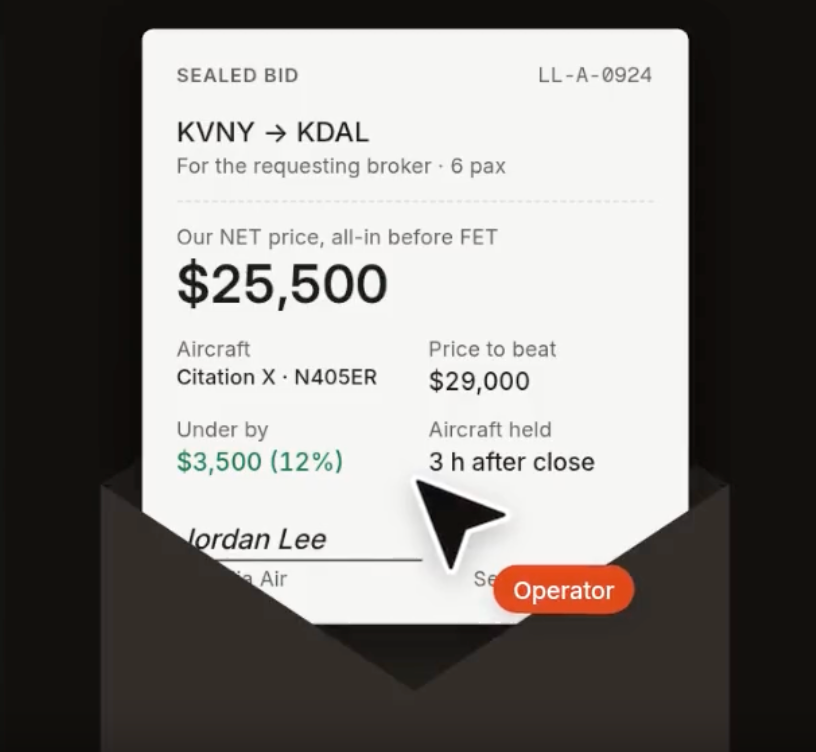 LastLook sealed-bid receipt recording the $25,500 NET offer, Citation X N405ER, $29,000 benchmark, $3,500 difference and three-hour aircraft hold.