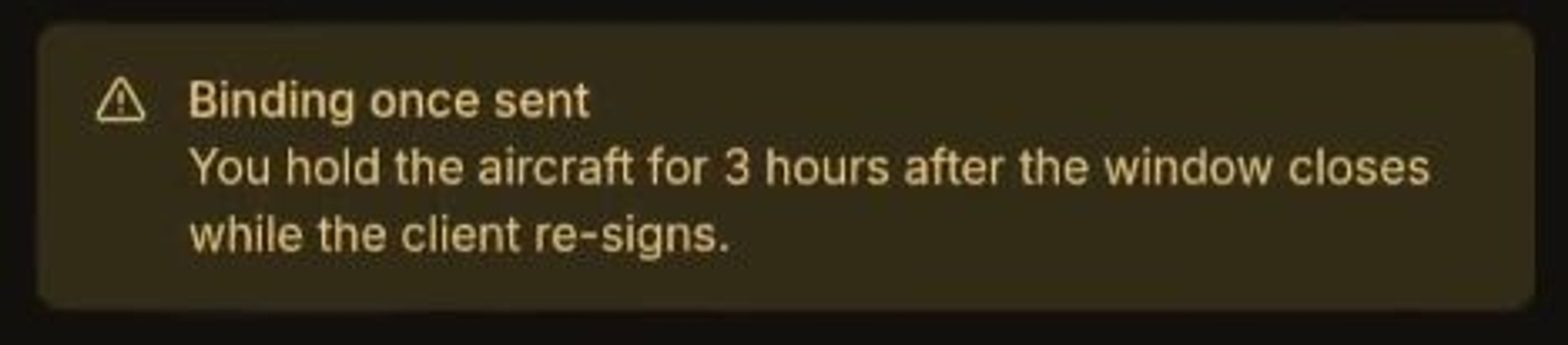LastLook warning stating that the bid is binding once sent and the aircraft is held for three hours after the window closes while the client re-signs.