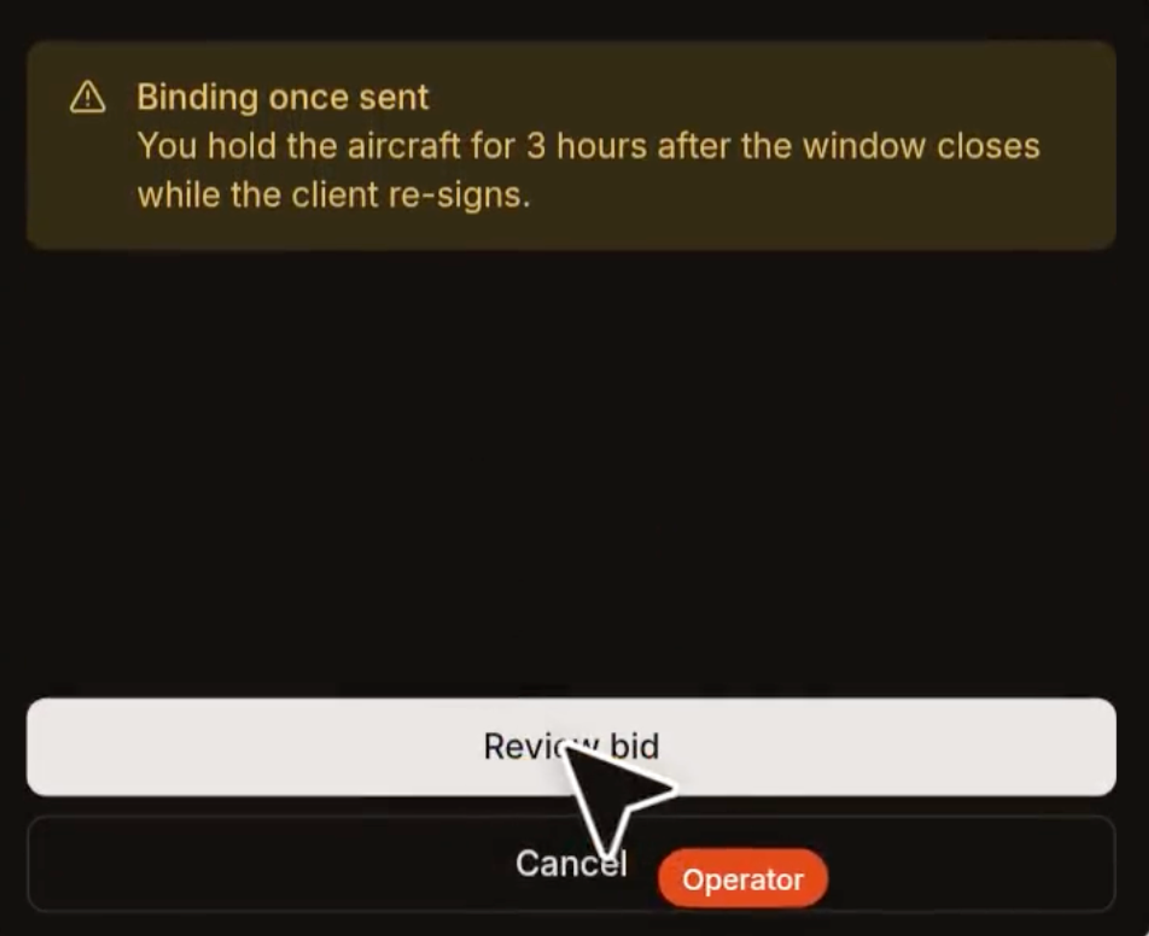 LastLook warning stating that the bid is binding once sent and the aircraft is held for three hours after the window closes while the client re-signs.