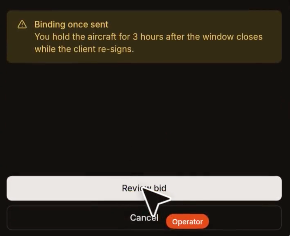 LastLook warning stating that the bid is binding once sent and the aircraft is held for three hours after the window closes while the client re-signs.
