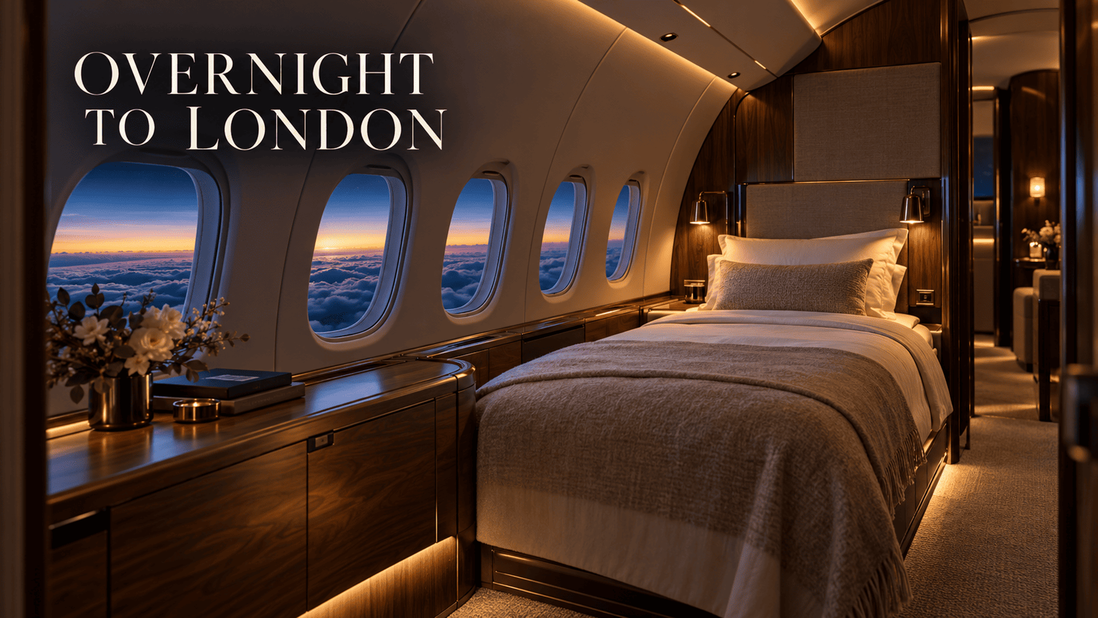 A softly lit private jet sleeping cabin with walnut cabinetry, cream bedding and dawn beyond the windows, titled Overnight to London.