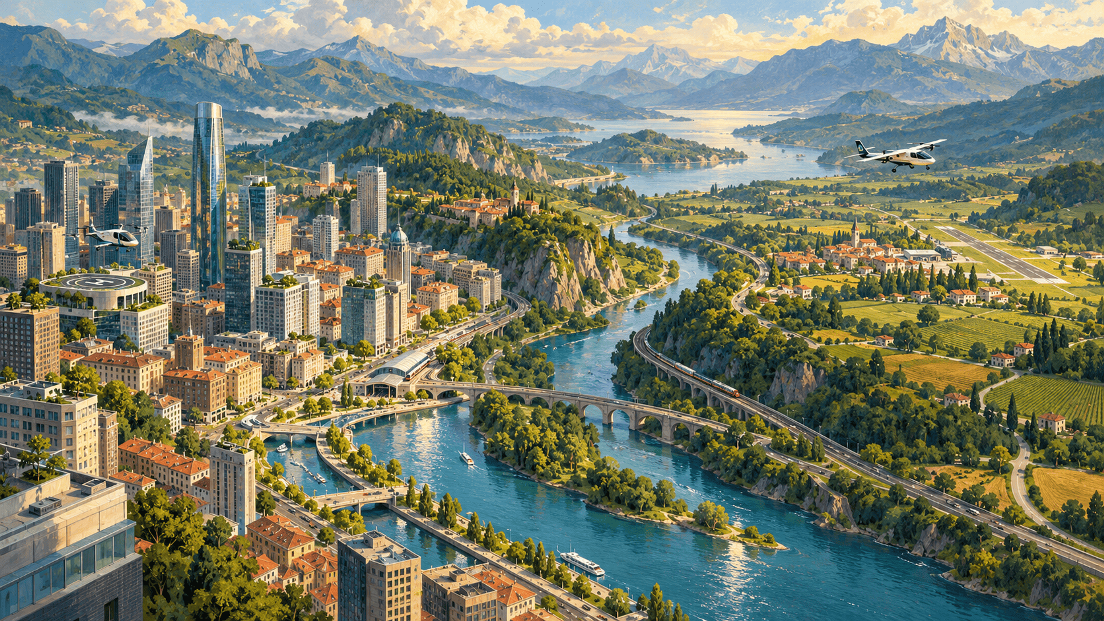 Painted city and regional landscape connected by small aircraft, roads, railway and a local runway.