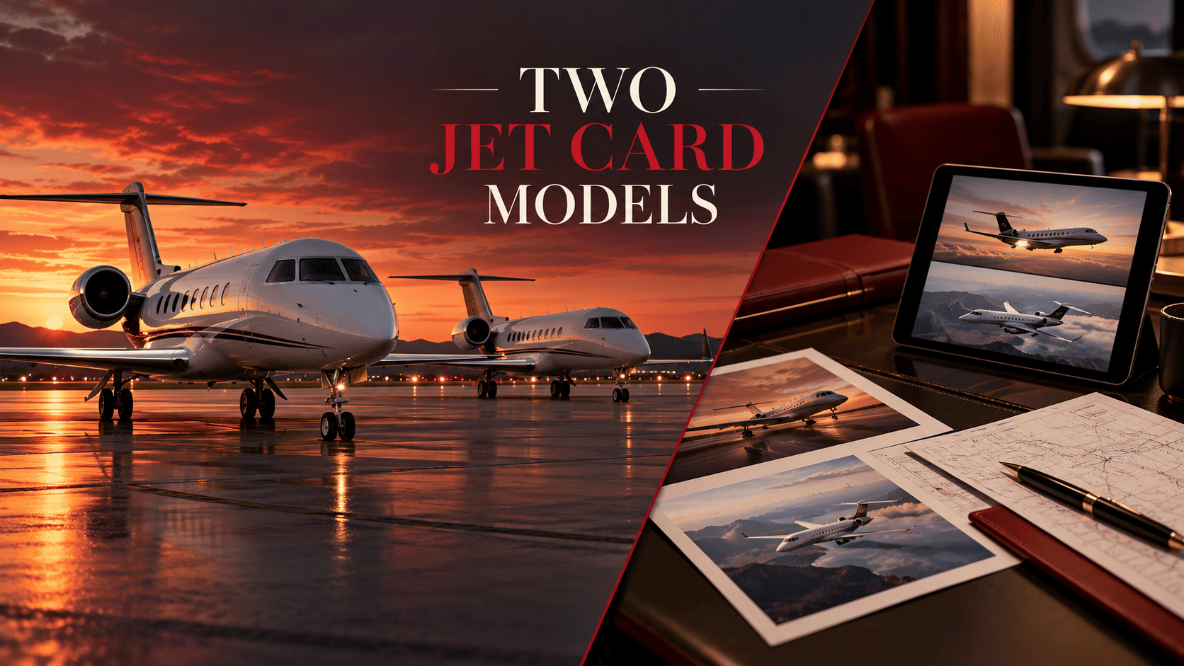 Two business jets on a sunset apron beside an aircraft-planning desk, under the title Two Jet Card Models.