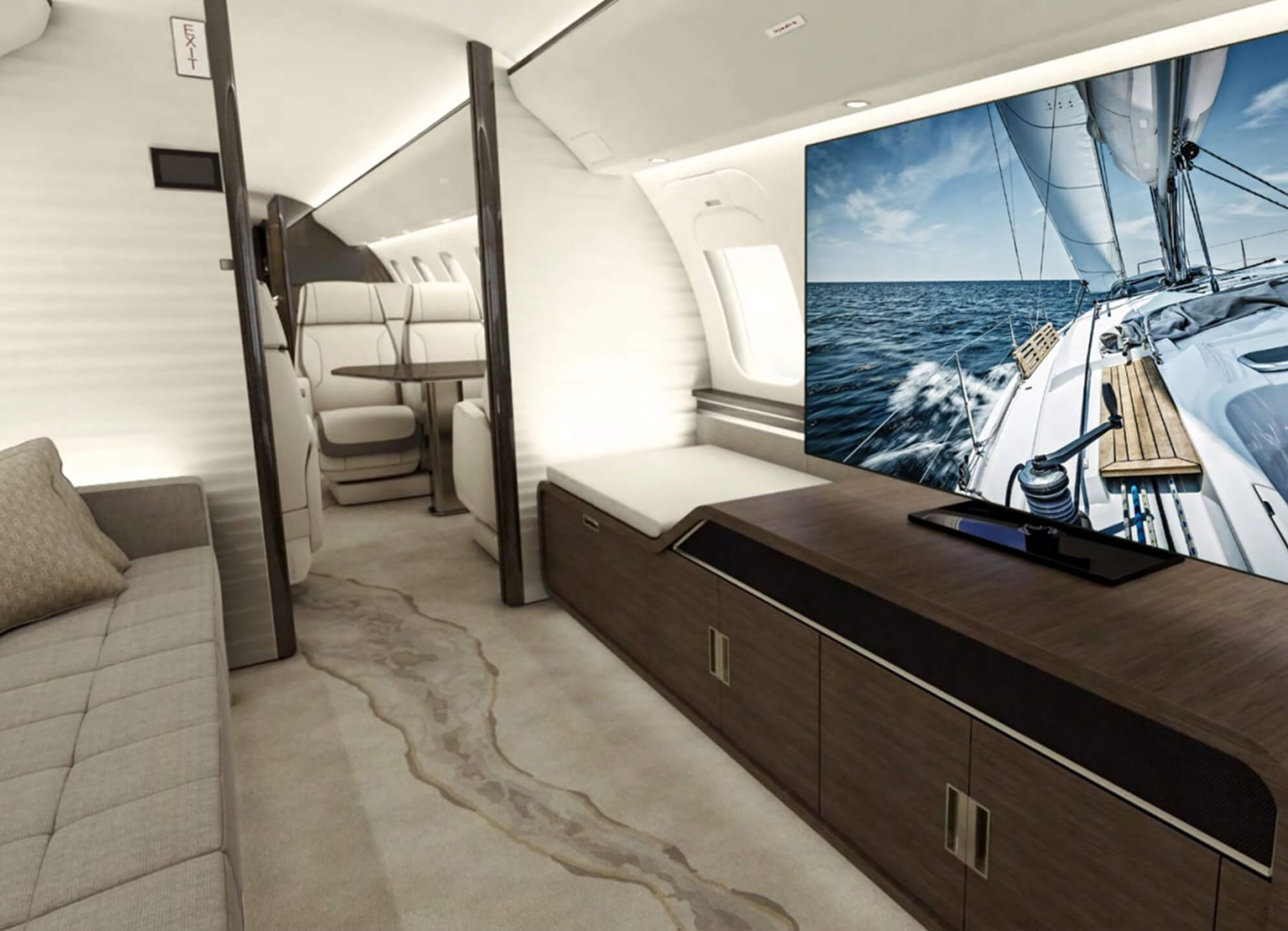 Global 7500 interior with four cabin spaces