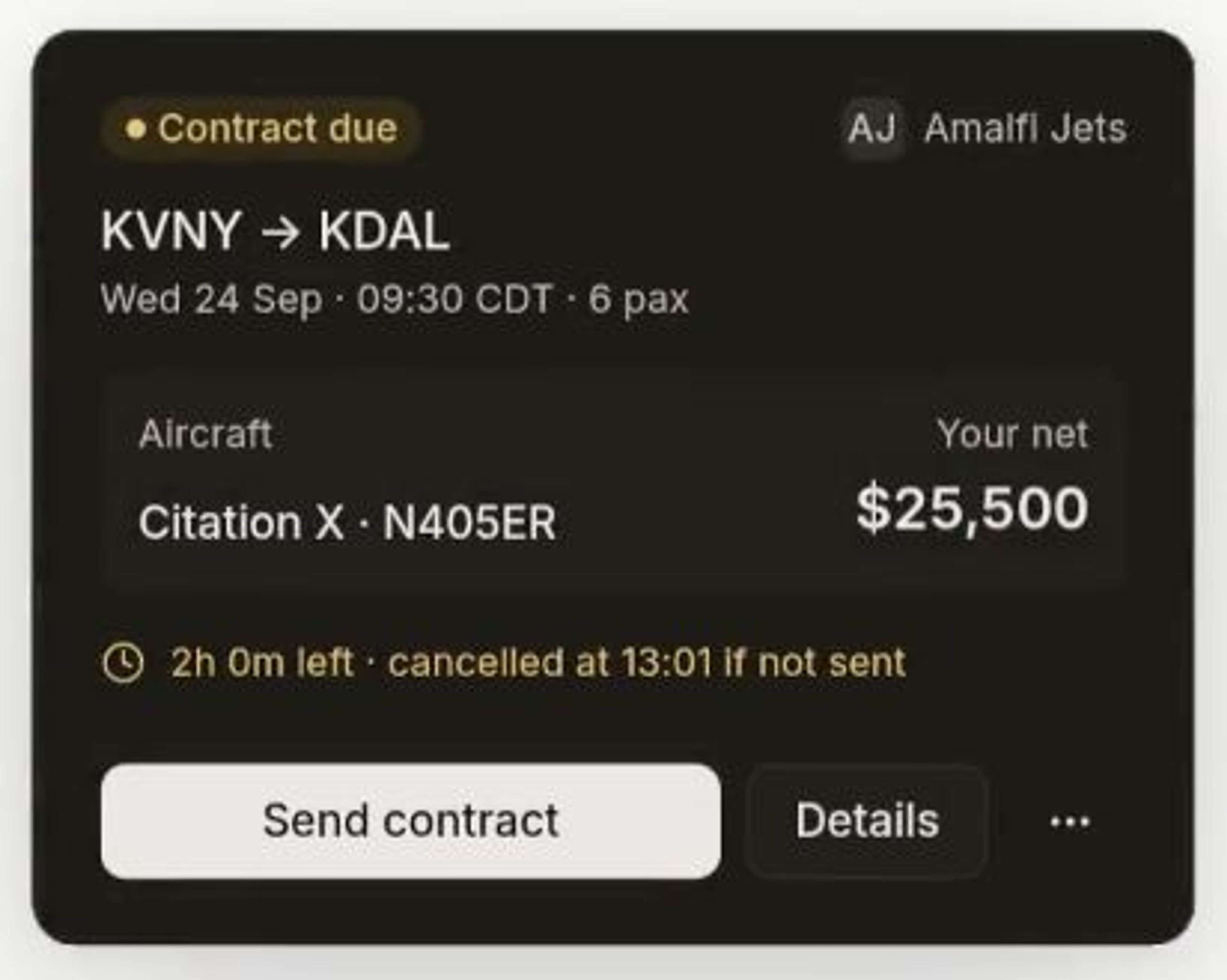 LastLook Contract due card showing Amalfi Jets, the nominated Citation X, the $25,500 NET amount, a countdown and a Send contract button.