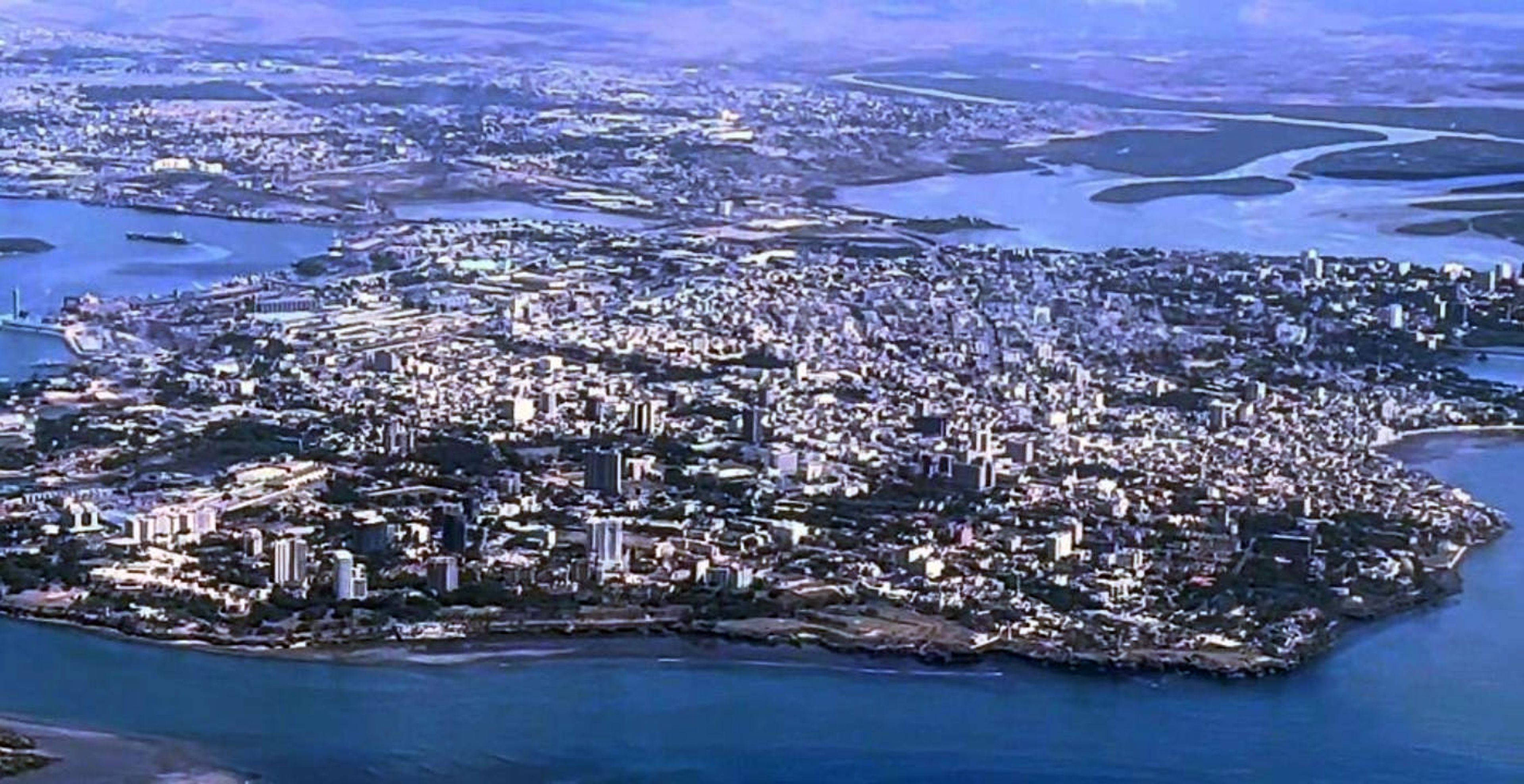 An aerial view of Mombasa Island and its waterways.