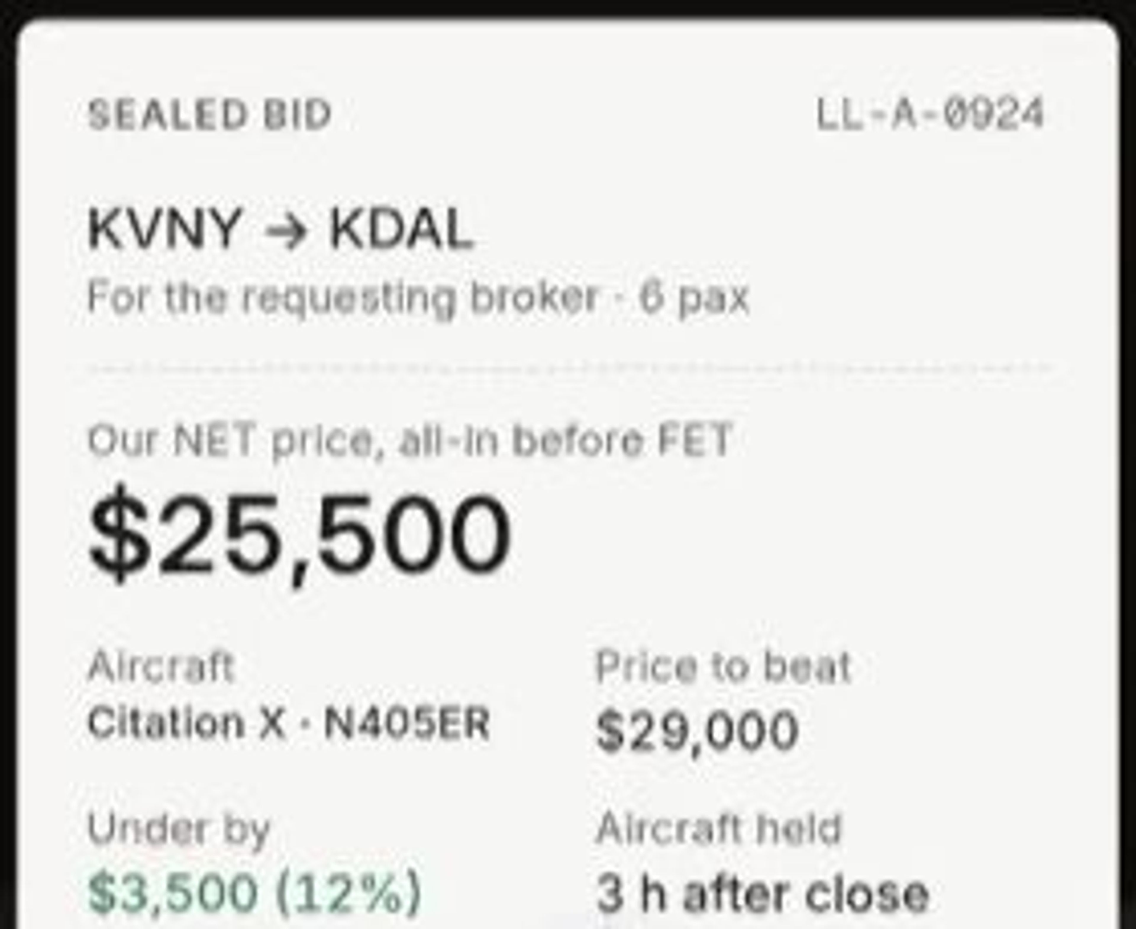 LastLook sealed-bid receipt recording the $25,500 NET offer, Citation X N405ER, $29,000 benchmark, $3,500 difference and three-hour aircraft hold.