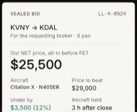 LastLook sealed-bid receipt recording the $25,500 NET offer, Citation X N405ER, $29,000 benchmark, $3,500 difference and three-hour aircraft hold.