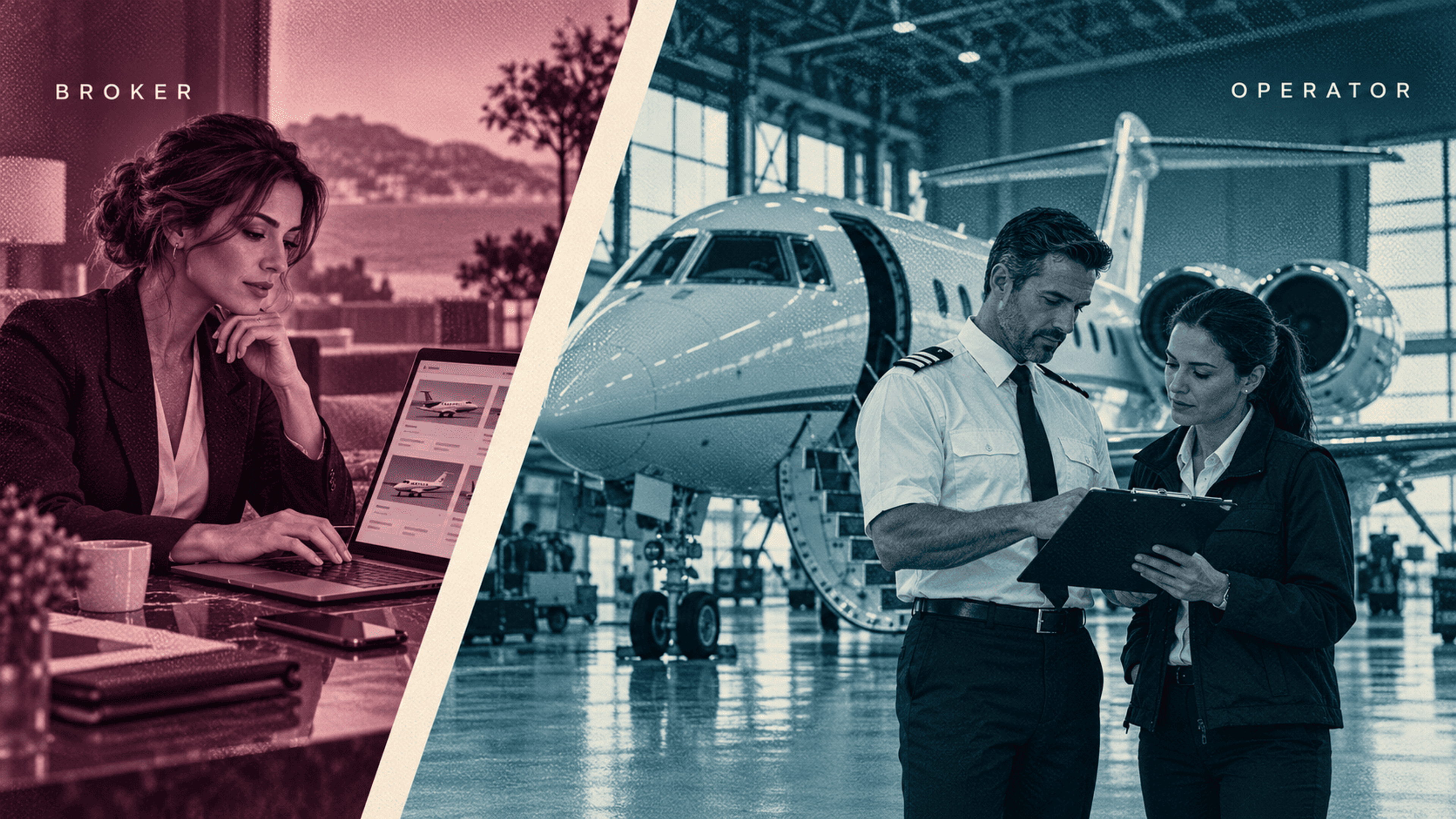 A split illustration pairs a charter broker planning at a desk with flight professionals reviewing operations beside a business jet.