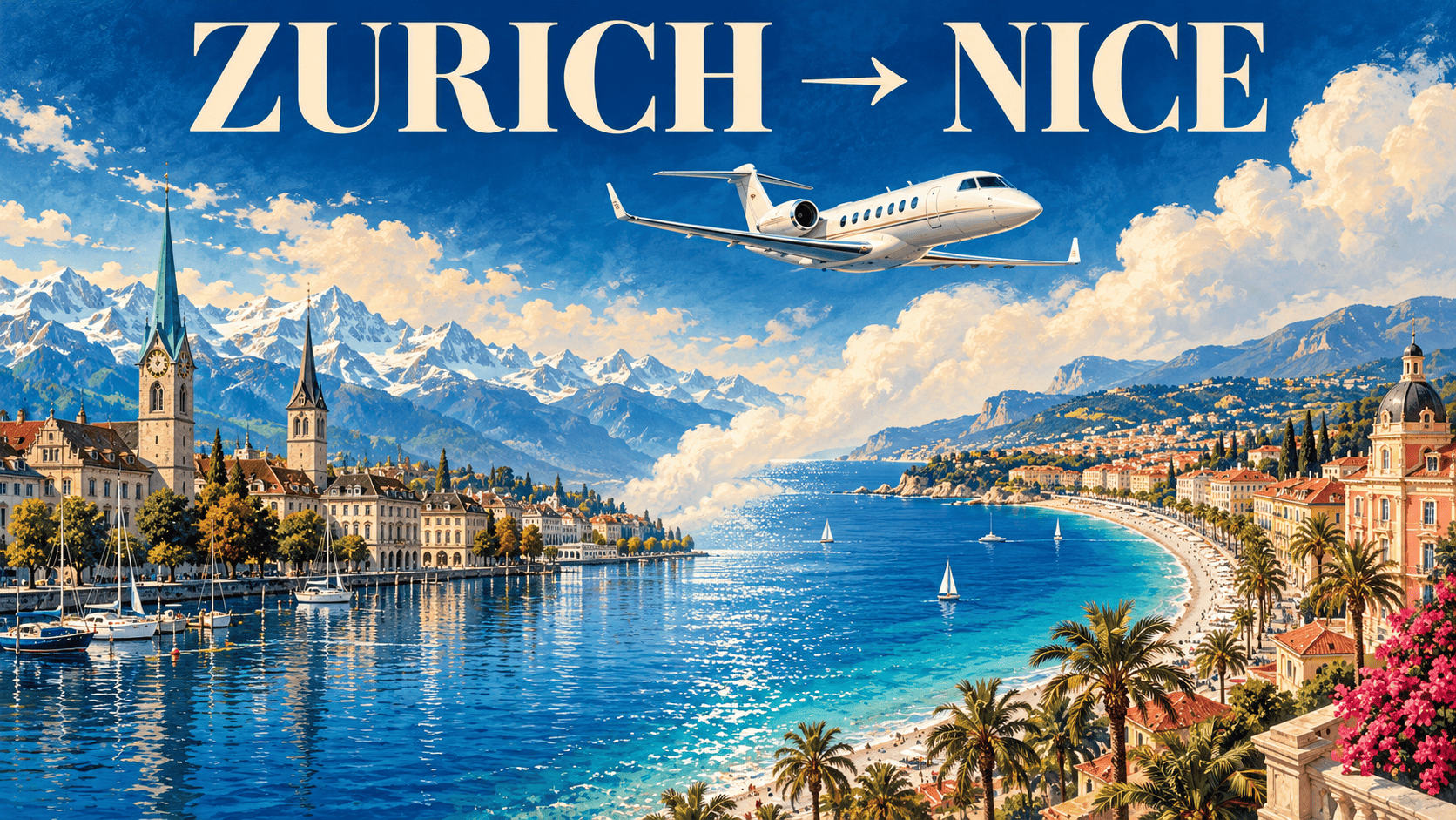 Travel-poster montage of Zurich's lakeside setting and the Nice coastline beneath a white business jet.