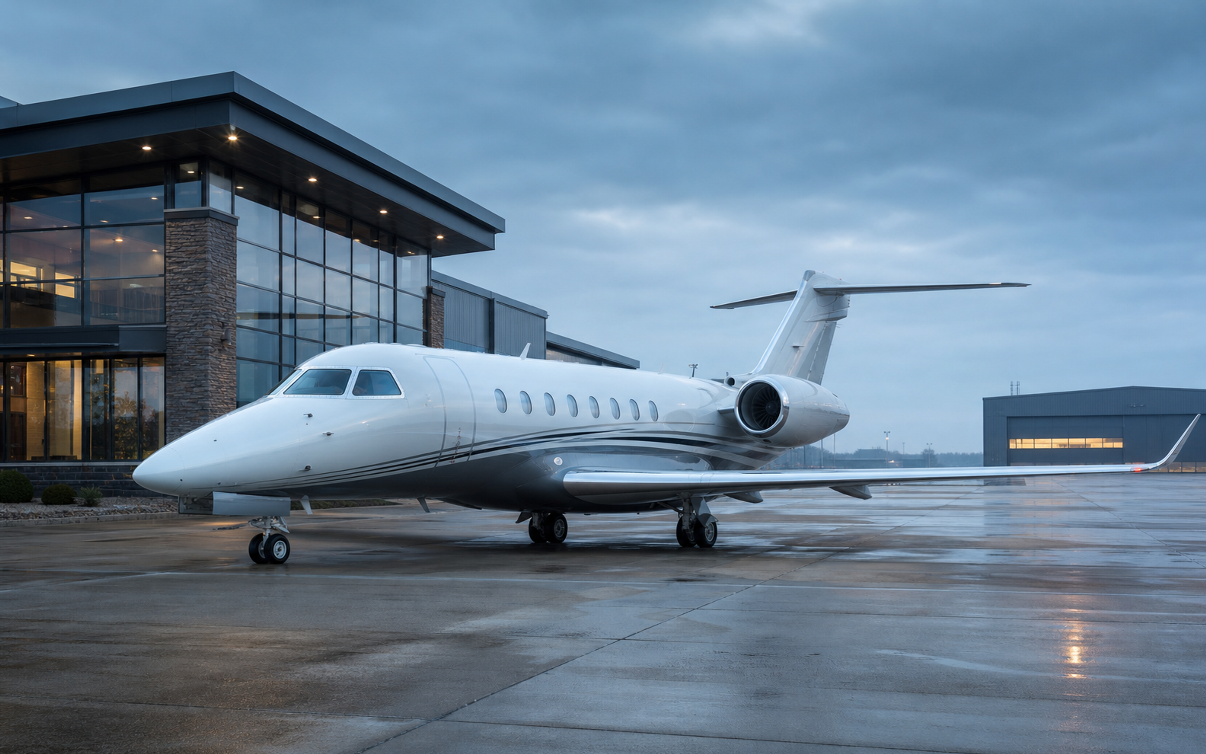 Illustration of a private jet beside an FBO terminal on a wet airport apron