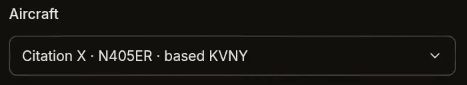 LastLook aircraft selector showing the demonstration Citation X N405ER based at KVNY.