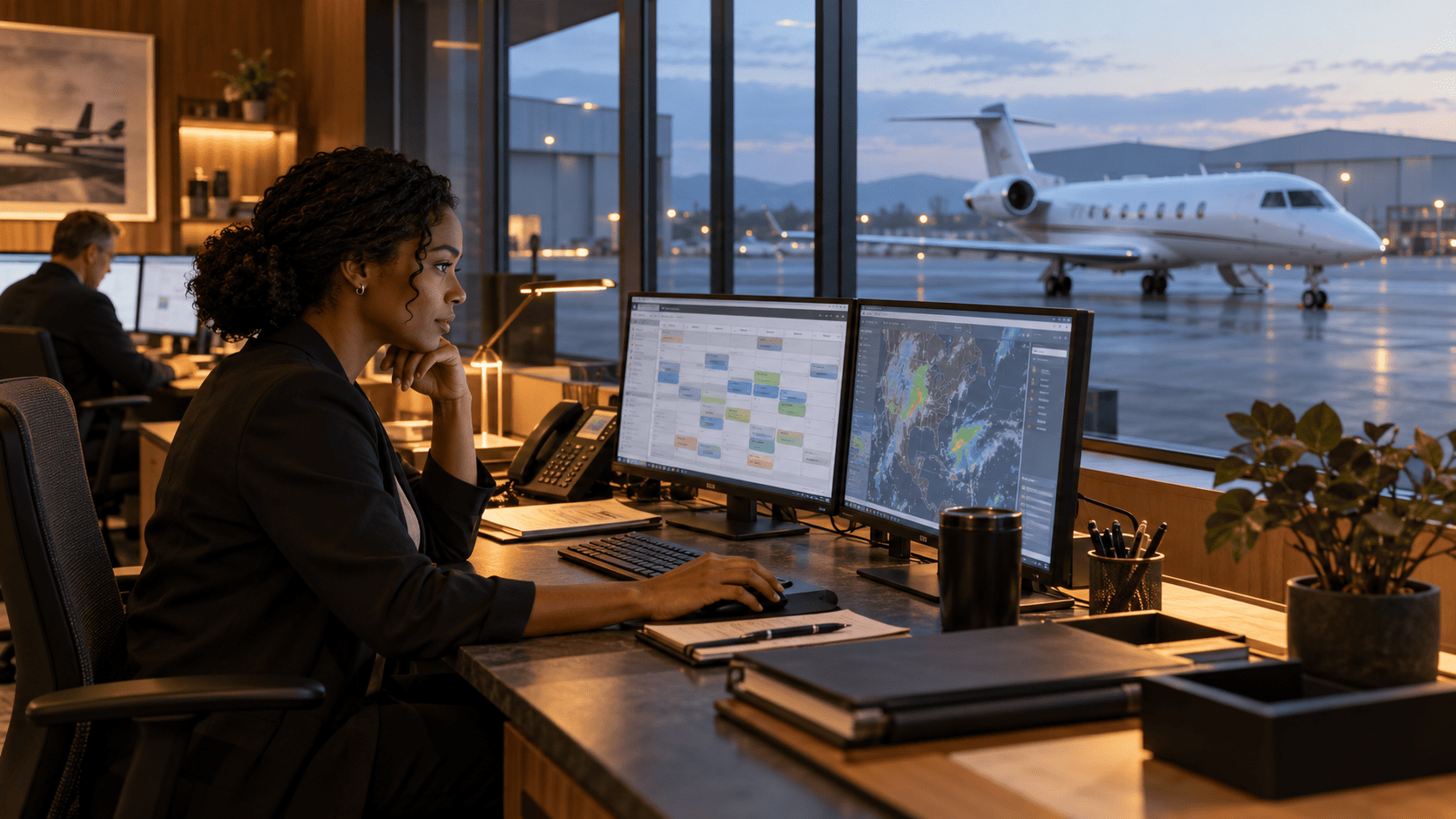 A business aviation operations coordinator reviews scheduling and weather screens with a private jet outside.