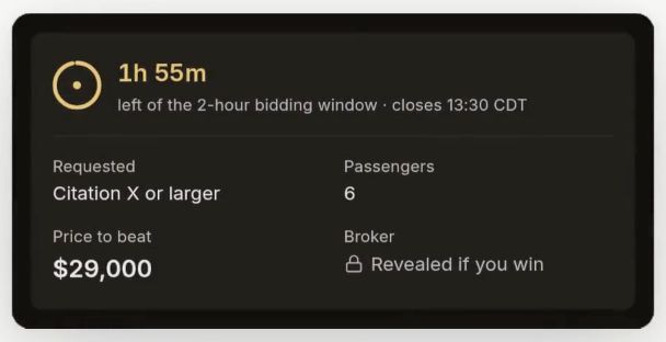 LastLook benchmark panel showing a $29,000 price to beat, six passengers, a Citation X or larger requirement, a two-hour bid window and a broker identity revealed only after winning.