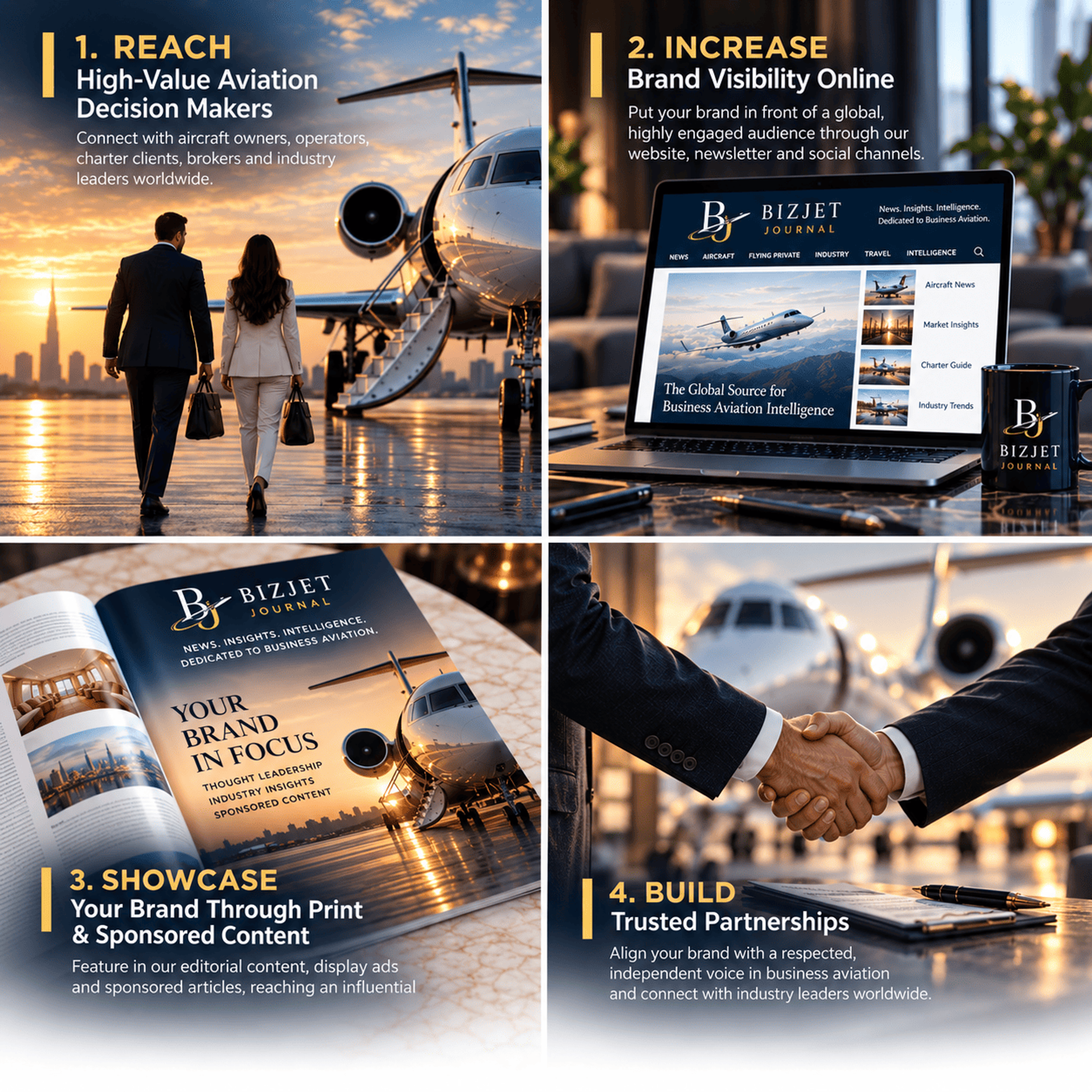 Four ways to advertise with BizJet Journal: reach aviation decision makers, increase online visibility, showcase a brand in print, and build partnerships