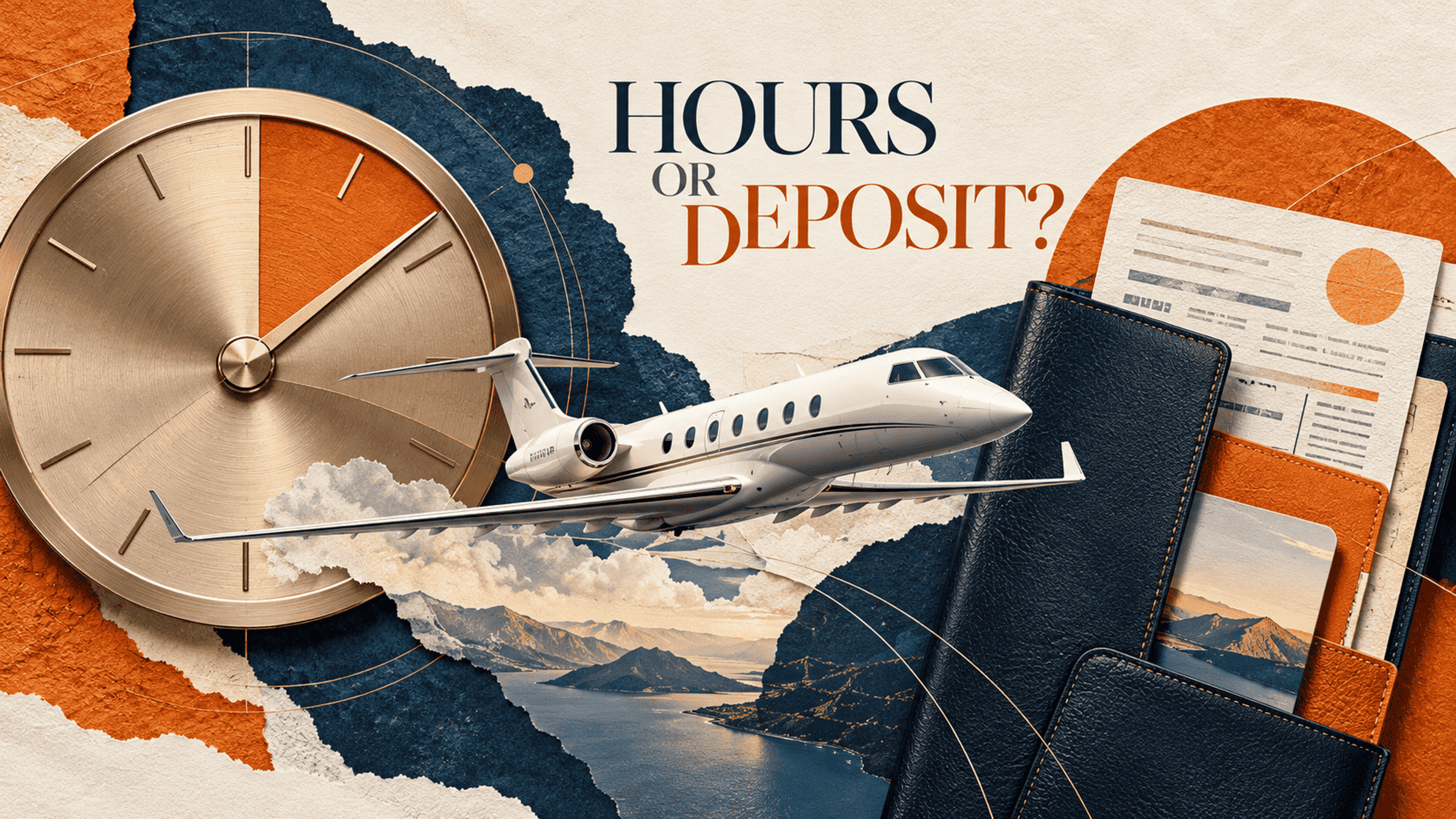 Editorial collage of an hour dial, private jet and travel wallet beneath the words Hours or Deposit?