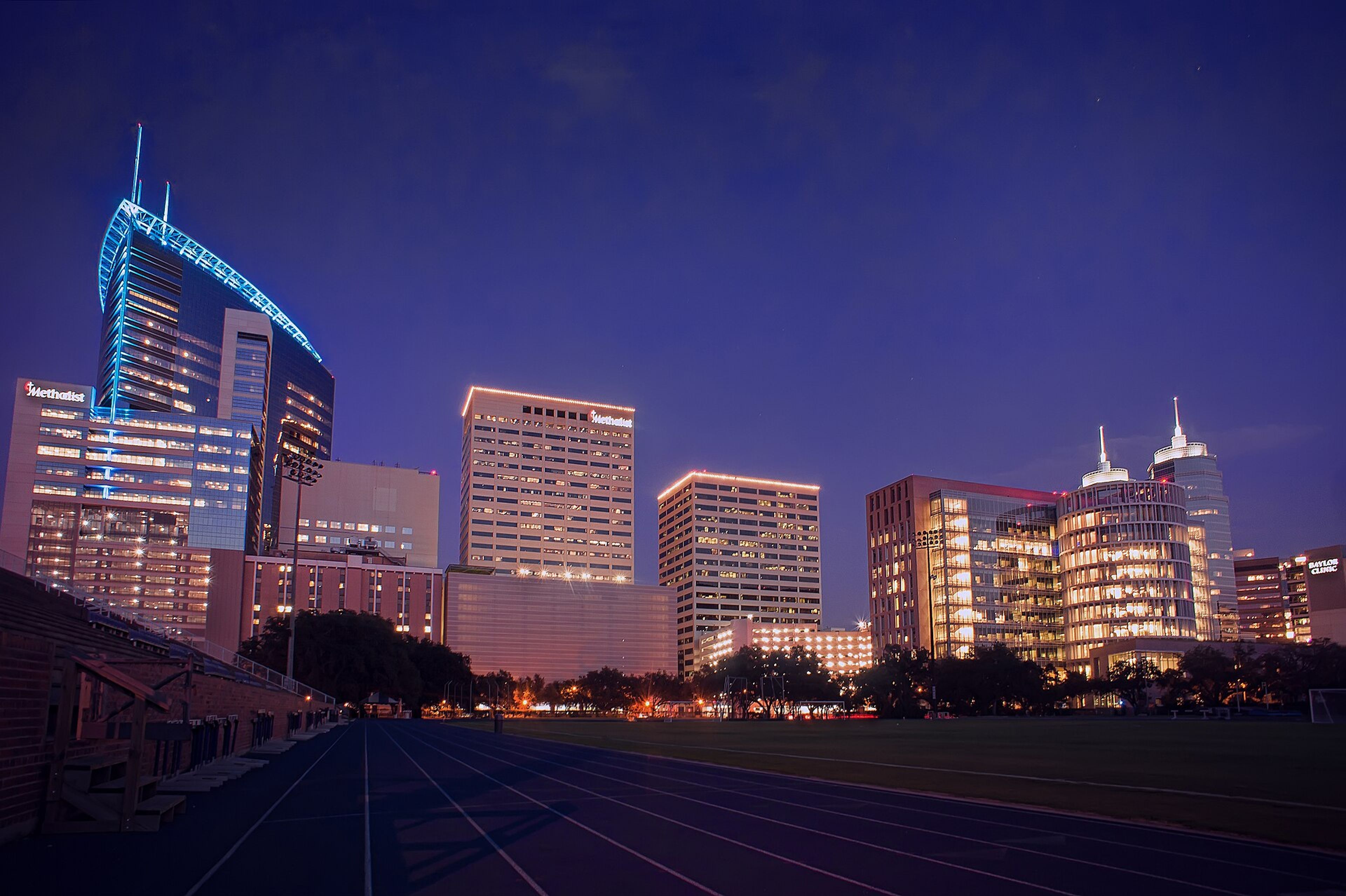 Houston's city buildings at dusk.