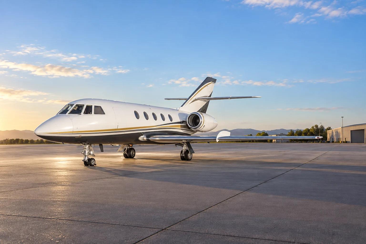 Falcon 20E-5, AI-edited livery and setting based on an exact-model reference.