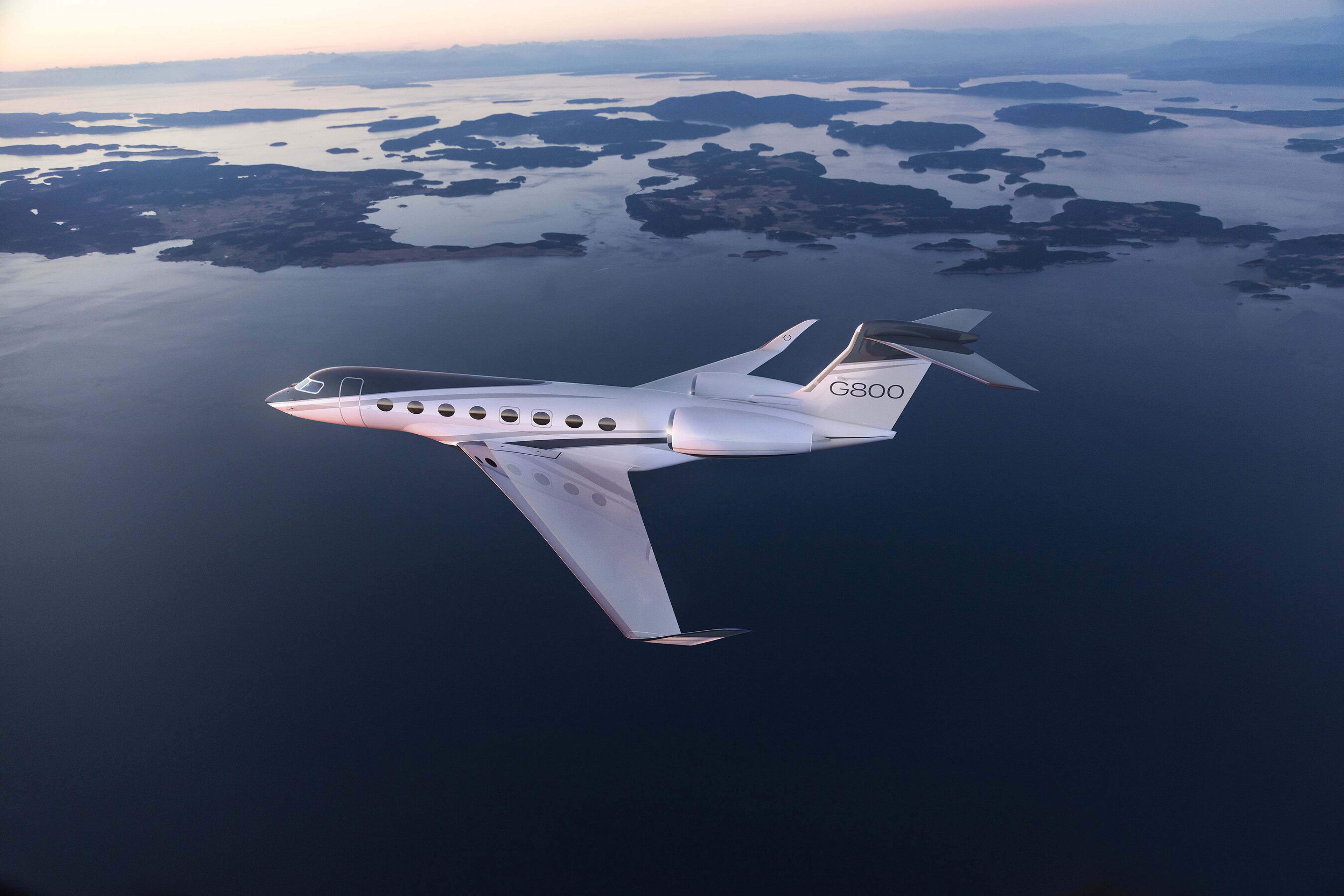 Gulfstream G800 above coastal islands in manufacturer imagery