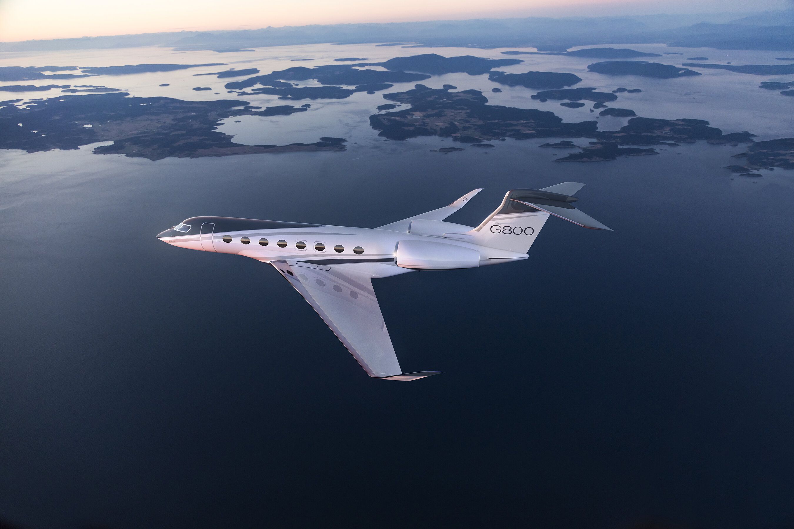 Gulfstream G800 above coastal islands in manufacturer imagery