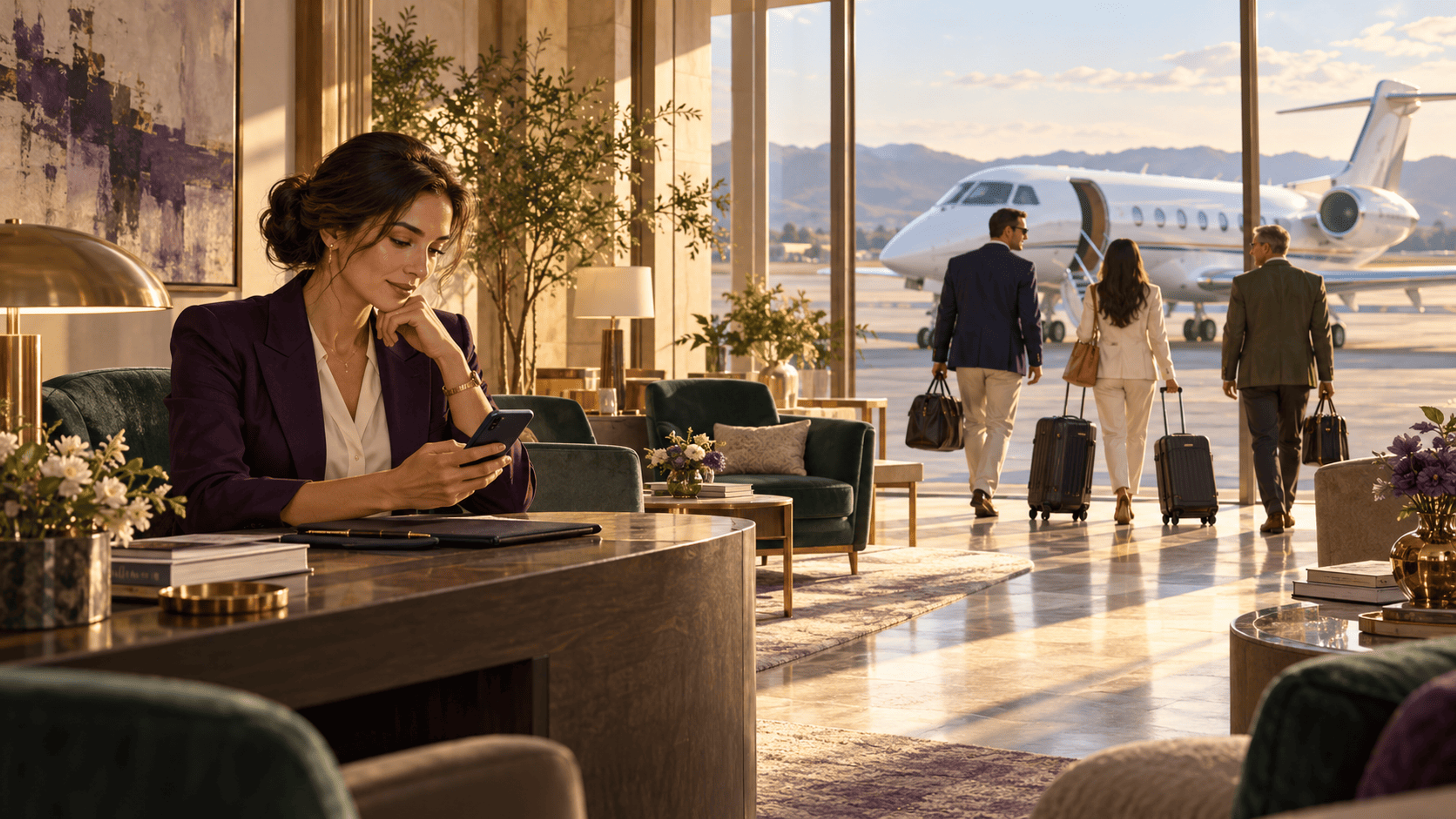 A booker checks a phone in a private terminal as three adult guests with luggage walk towards a business jet.