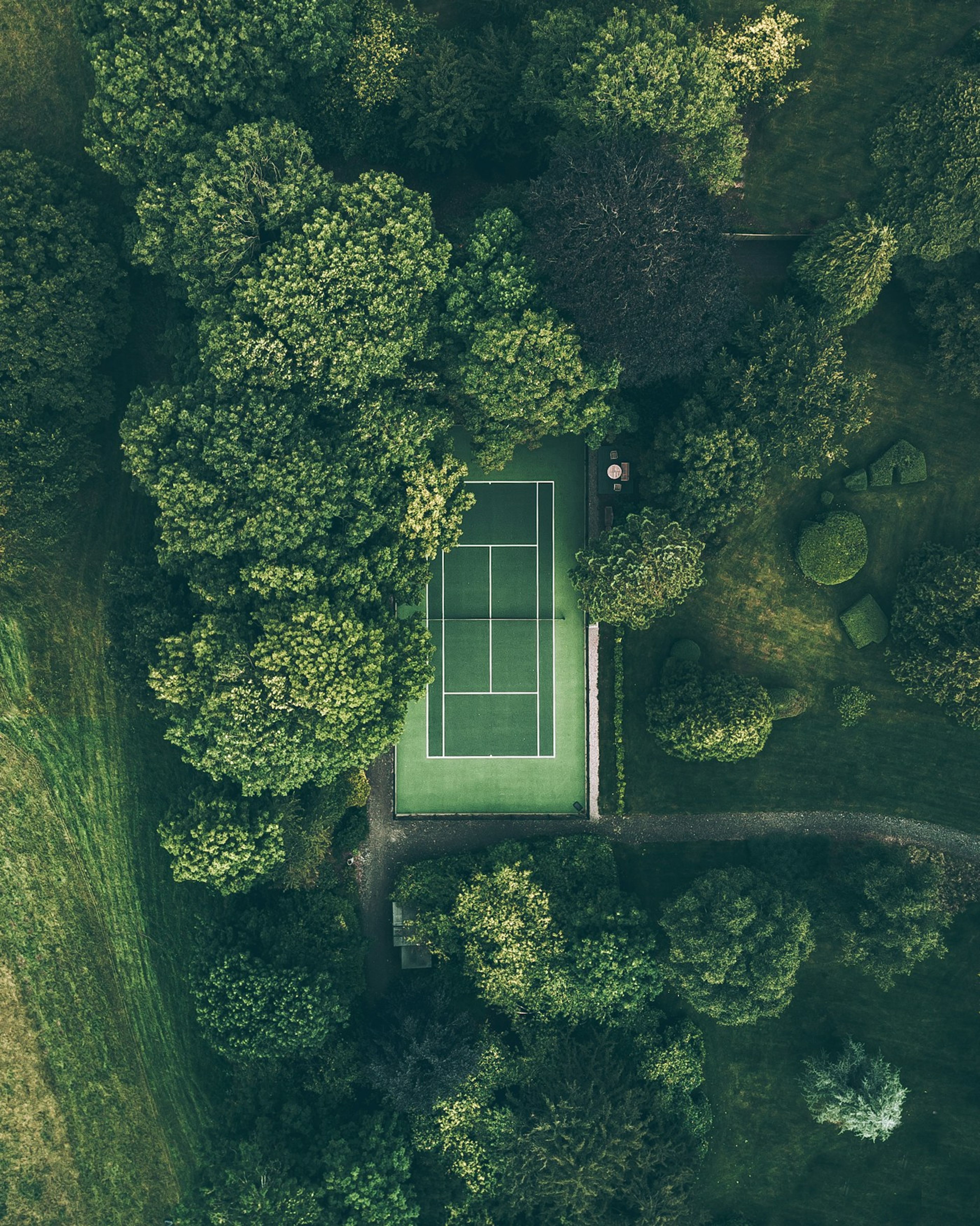 Tennis courts surrounded by trees seen from above